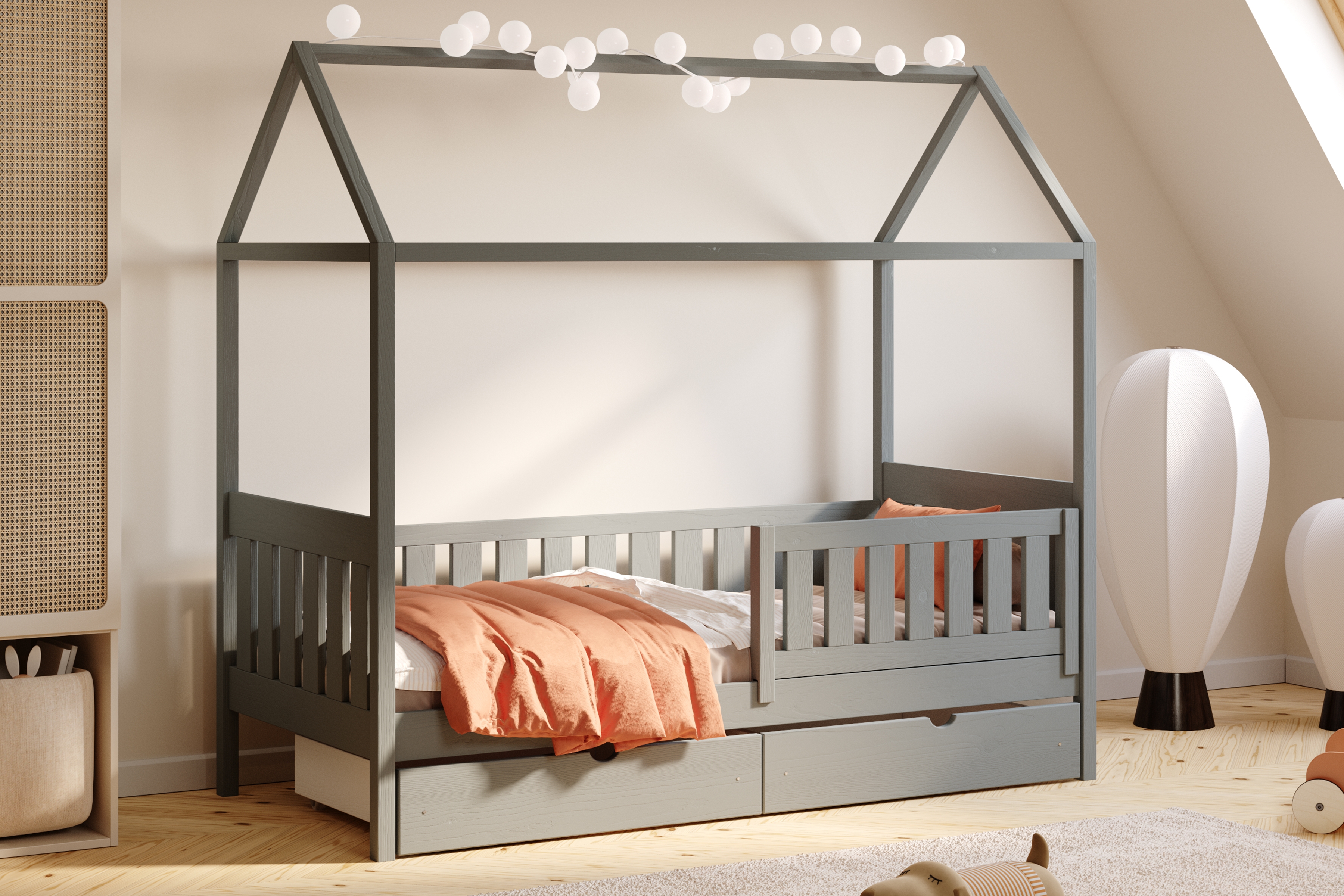 Detská domčeková posteľ Nemos II 90x190 so zásuvkami - grafitová Posteľ domek Nemos II 90x190 prízemná so zásuvkami - grafit 