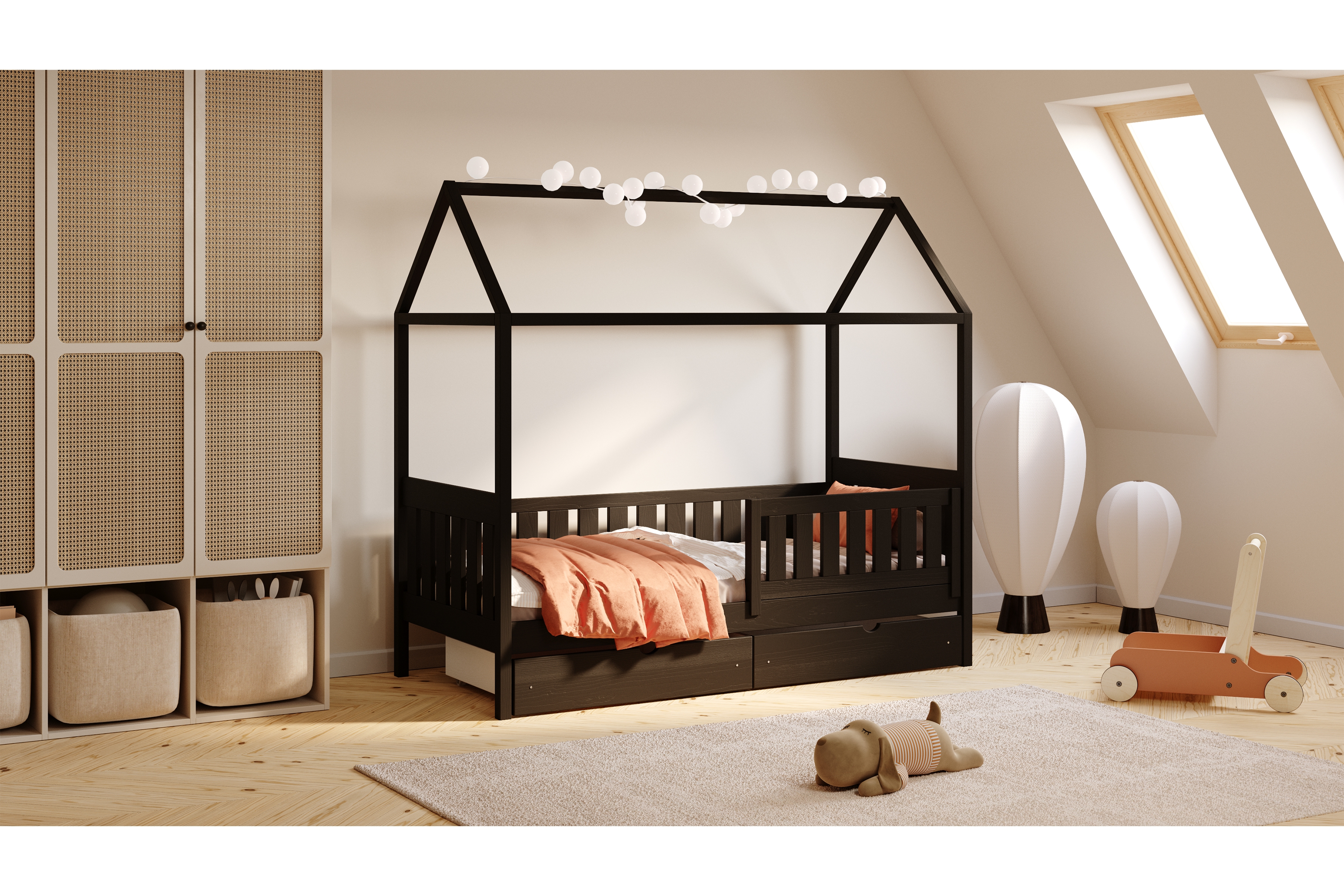 Detská domčeková posteľ Nemos II 90x200 so zásuvkami - čierna Posteľ domek Nemos II 90x200 prízemná so zásuvkami - Čierny 