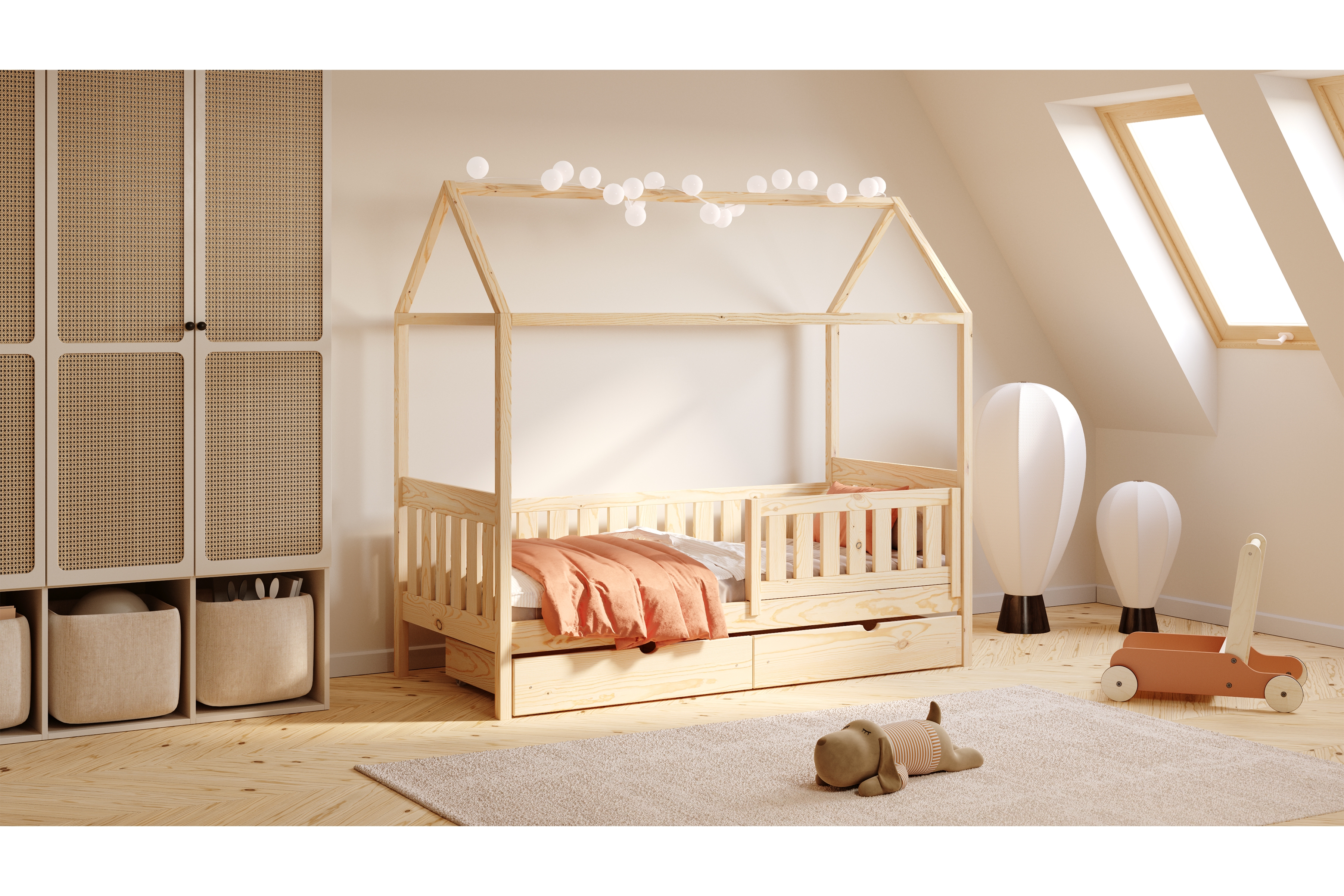 Detská domčeková posteľ Nemos II 90x200 so zásuvkami - borovica Posteľ domek Nemos II 90x200 prízemná so zásuvkami - Borovica 