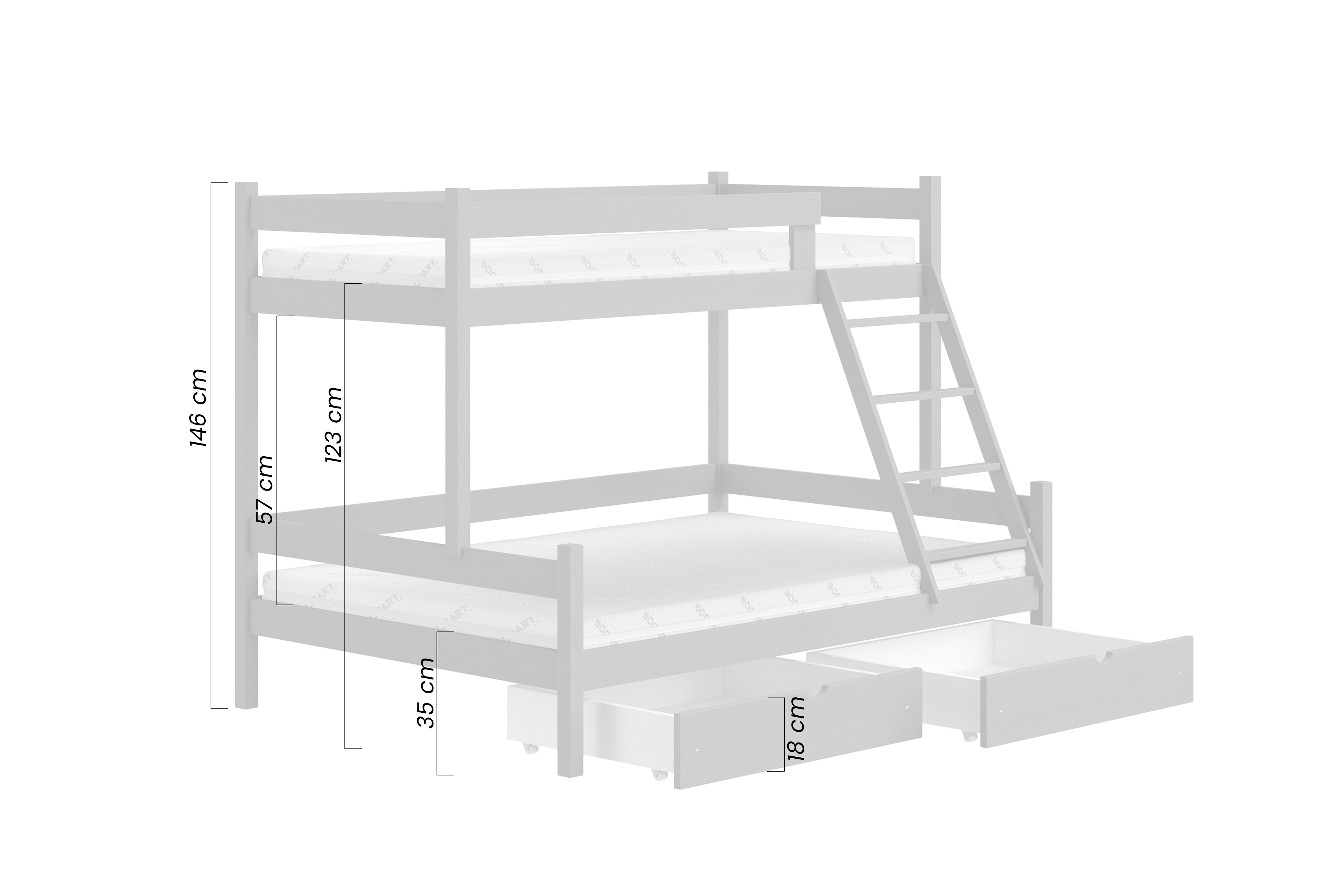Detská poschodová posteľ Poli so zásuvkami 80x180 cm - biela Posteľ drevená Poli 80x180/120x180 poschodová so zásuvkami - Biely