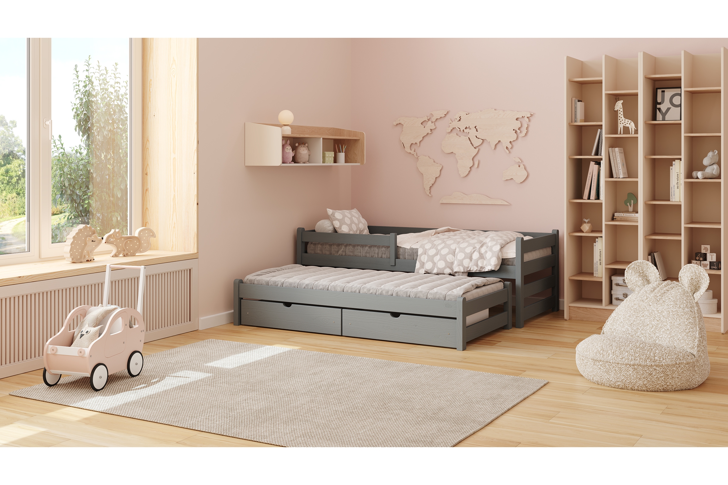 Detská posteľ Alis s prístelkou - 80x190 cm - grafitová Posteľ dzieciece Alis 80x190 prízemná výsuvna - grafit 
