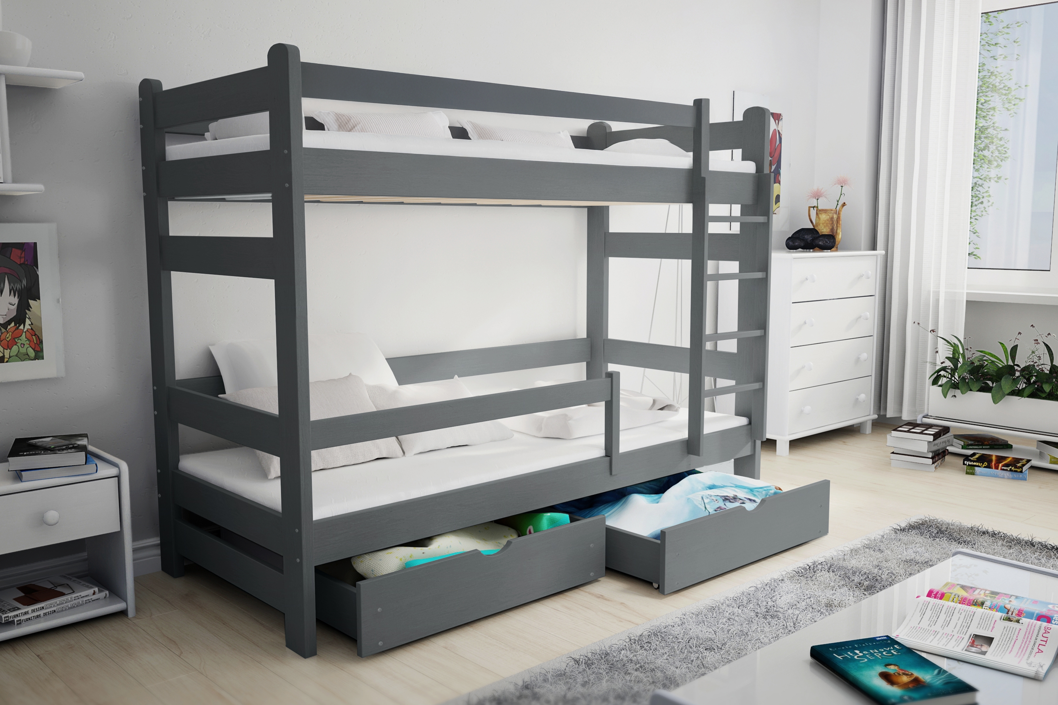 Poschodová posteľ Alis - grafit, 90x180 Posteľ dzieciece Alis 90x180 poschodová - grafit