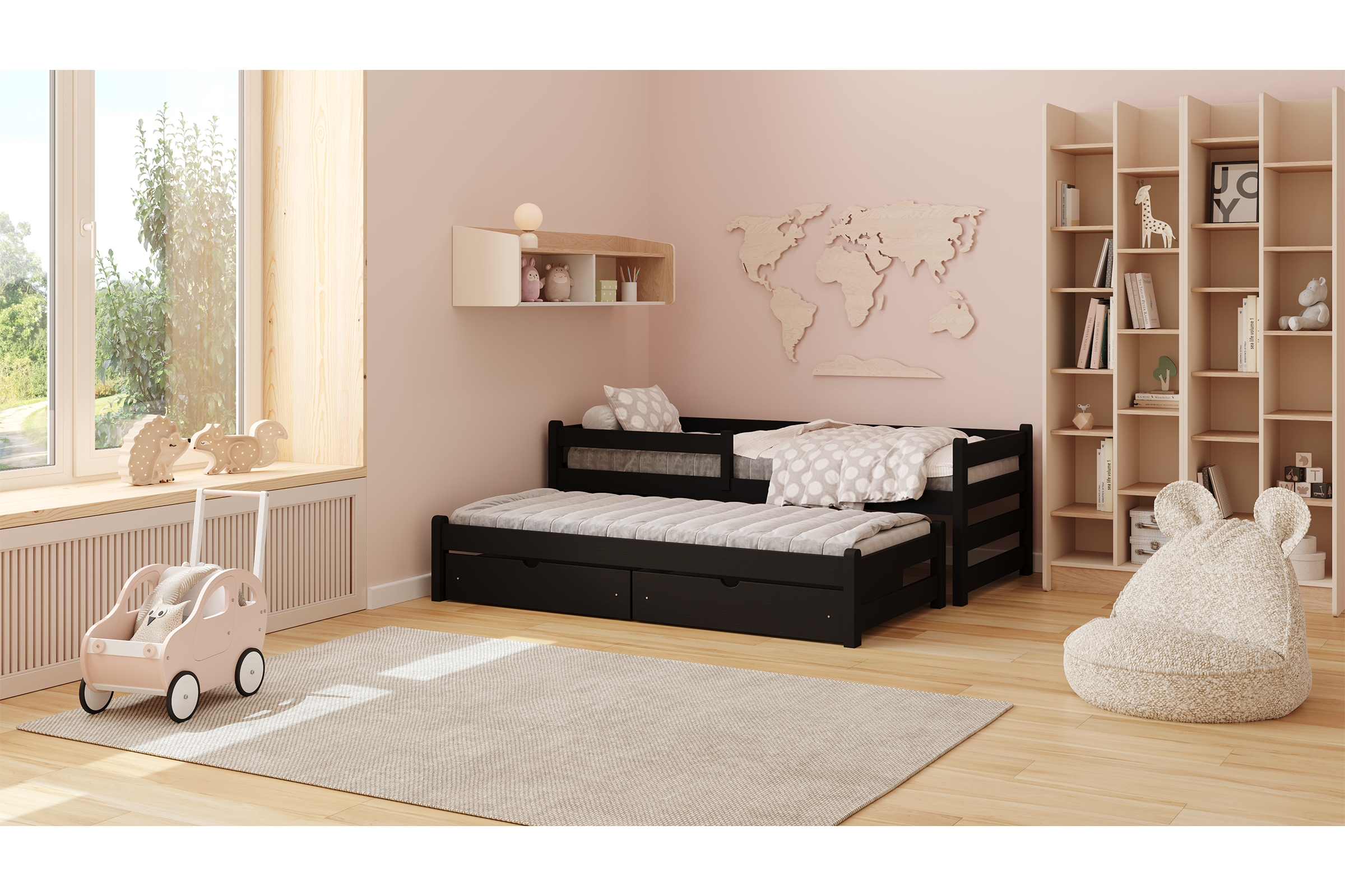 Dětská výsuvná postel Alis 90x190 cm - černá Postel dzieciece Alis 90x190 přízemní výsuvná - černá