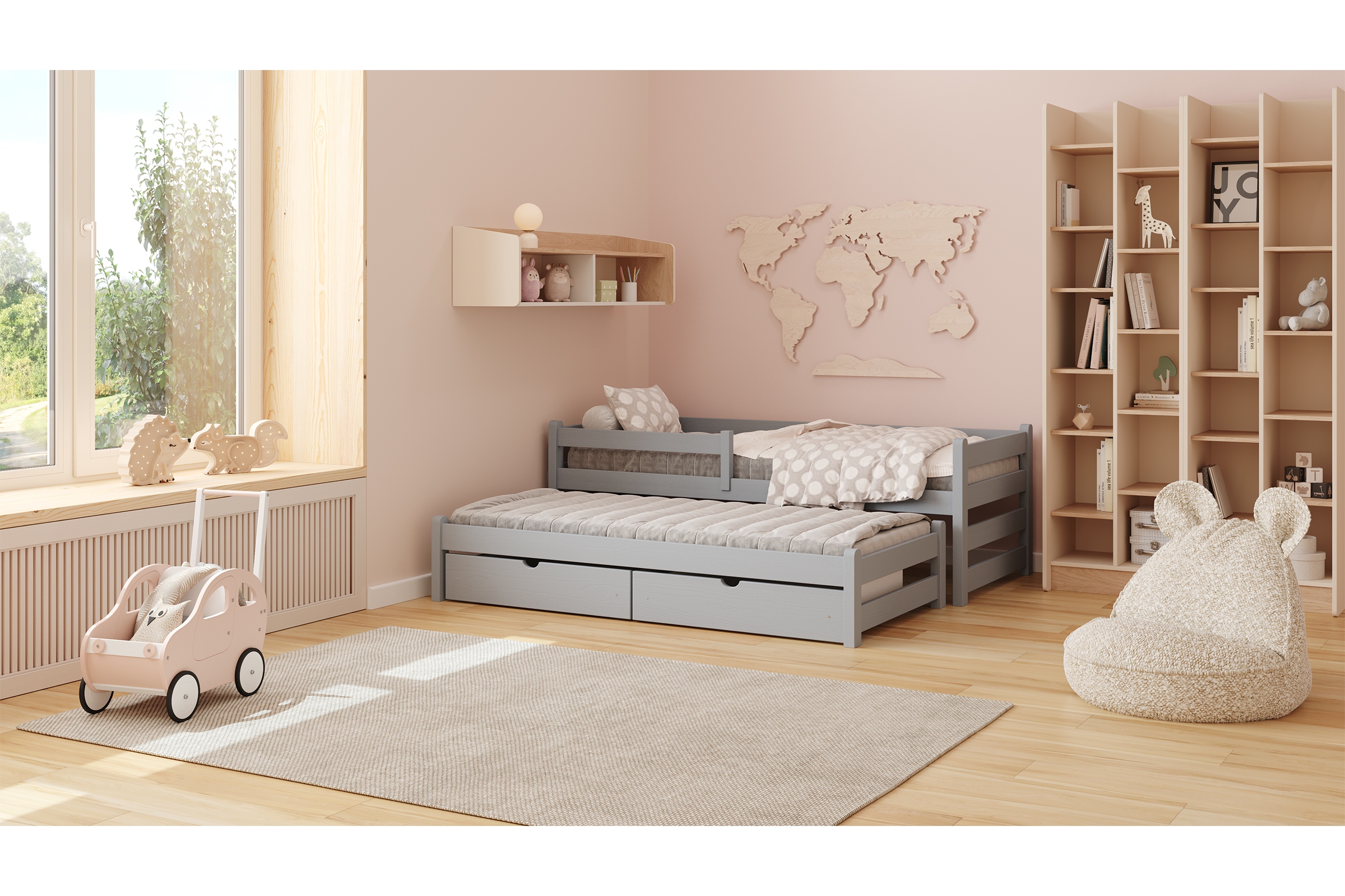 Dětská výsuvná postel Alis 90x200 cm - šedá Postel dzieciece Alis 90x200 přízemní výsuvná - šedá 