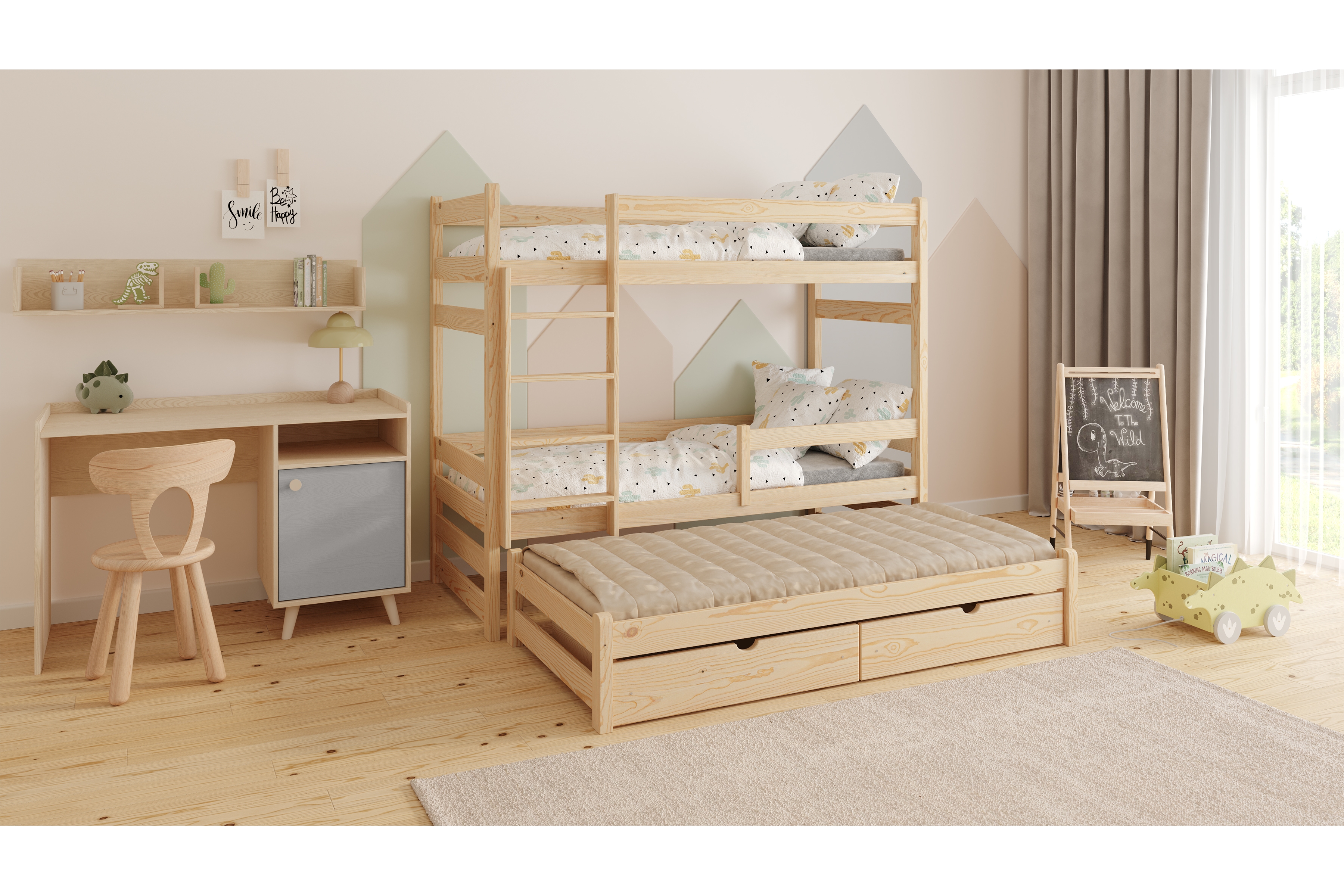 Poschodová posteľ s prístelkou Alis - Borovica, 80x200 Posteľ dzieciece Alis poschodová výsuvna - 80x200 / Borovica