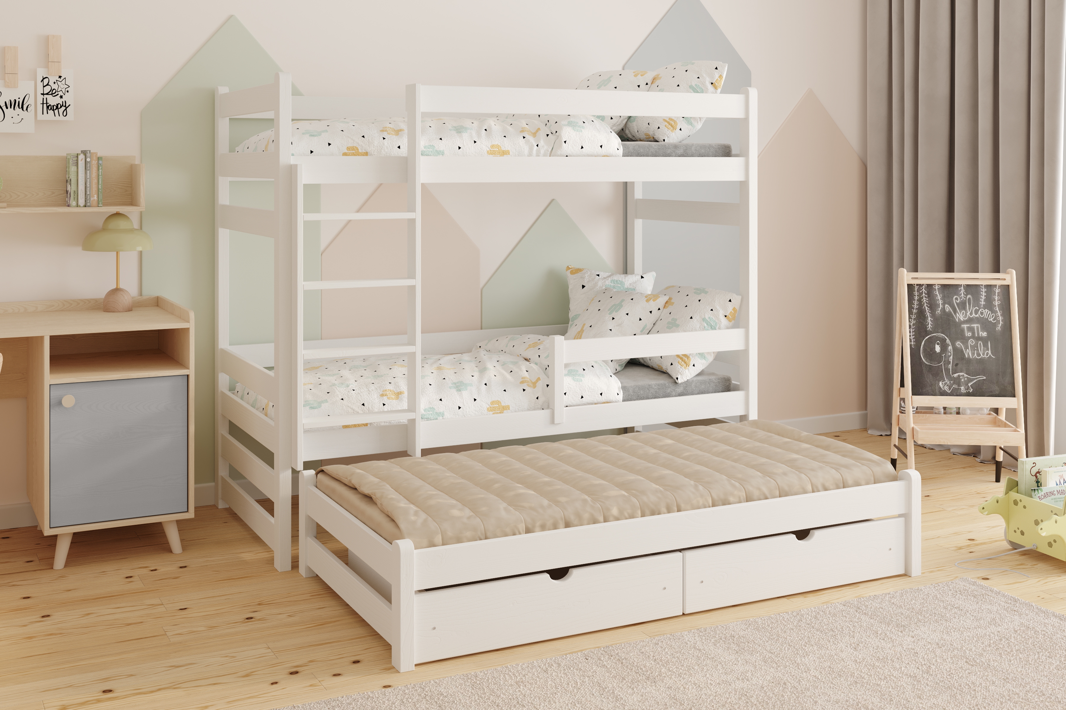 Poschodová posteľ Alis s prístelkou - 90x180 cm - biela Posteľ dzieciece Alis poschodová výsuvna - 90x180 / Biely