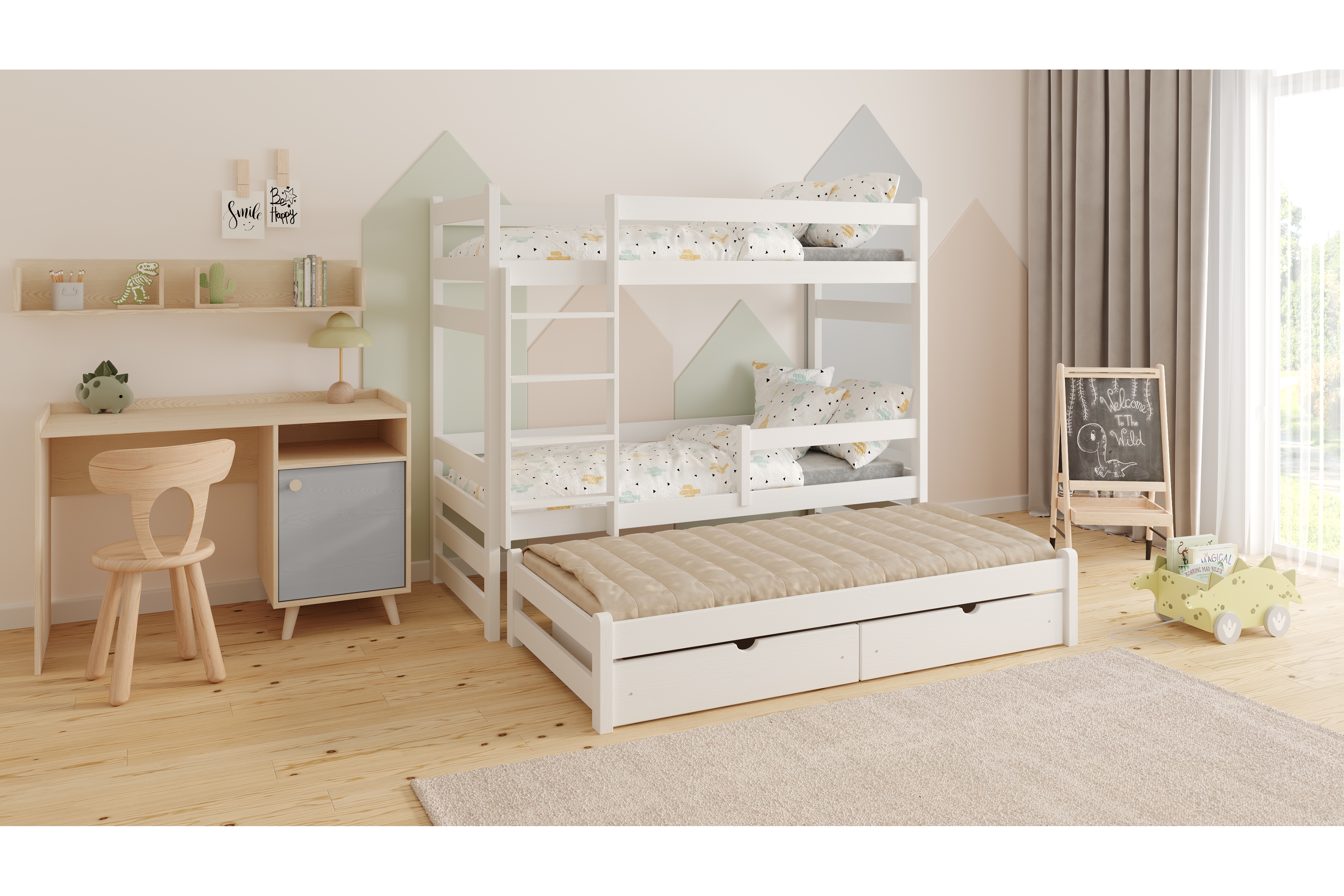 Poschodová posteľ Alis s prístelkou - 90x180 cm - biela Posteľ dzieciece Alis poschodová výsuvna - 90x180 / Biely