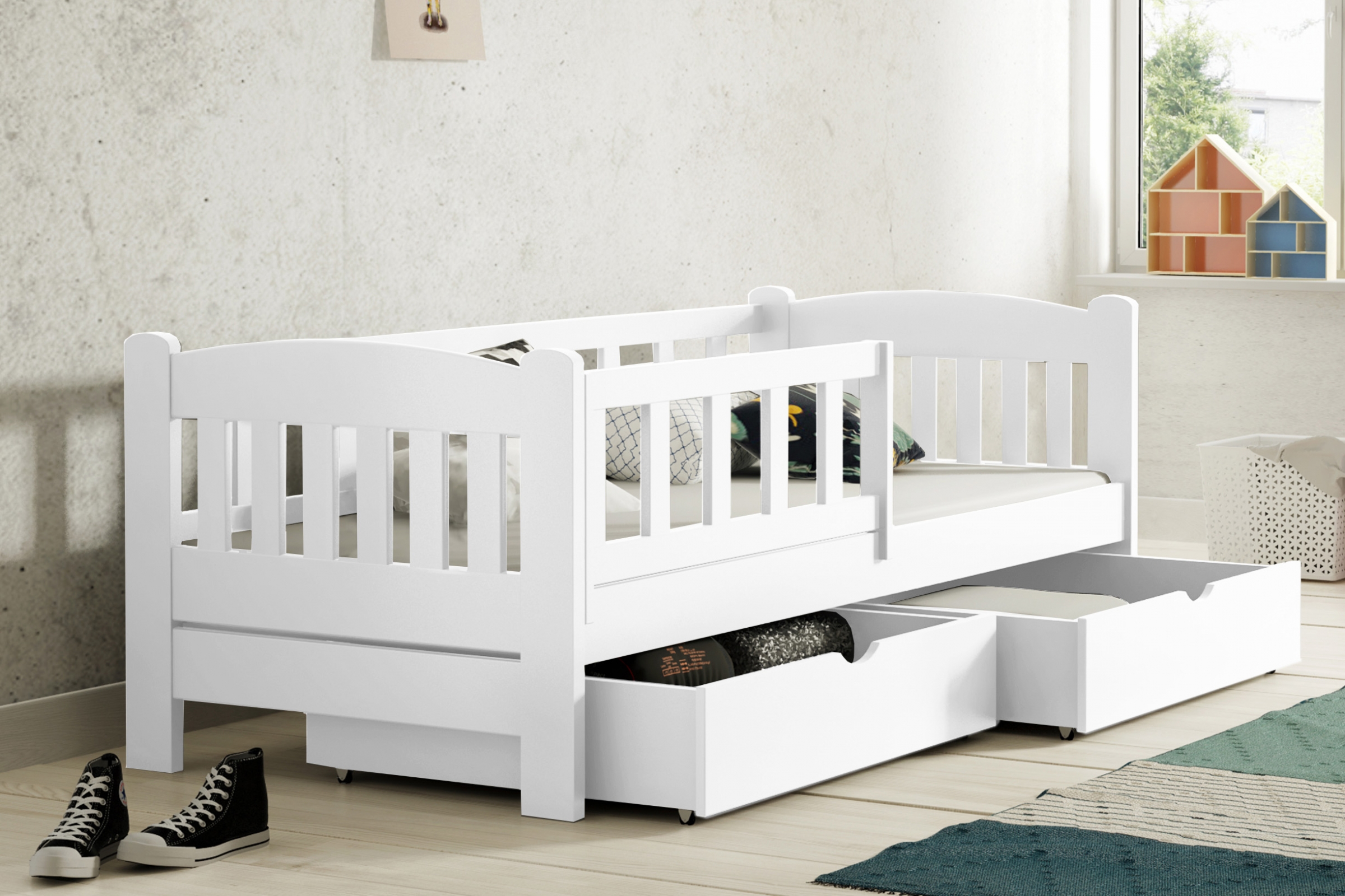 Detská posteľ Alvins  80x180 cm so zásuvkami - biela Posteľ dzieciece Alvins 80x180 drevená so zásuvkami - Biely