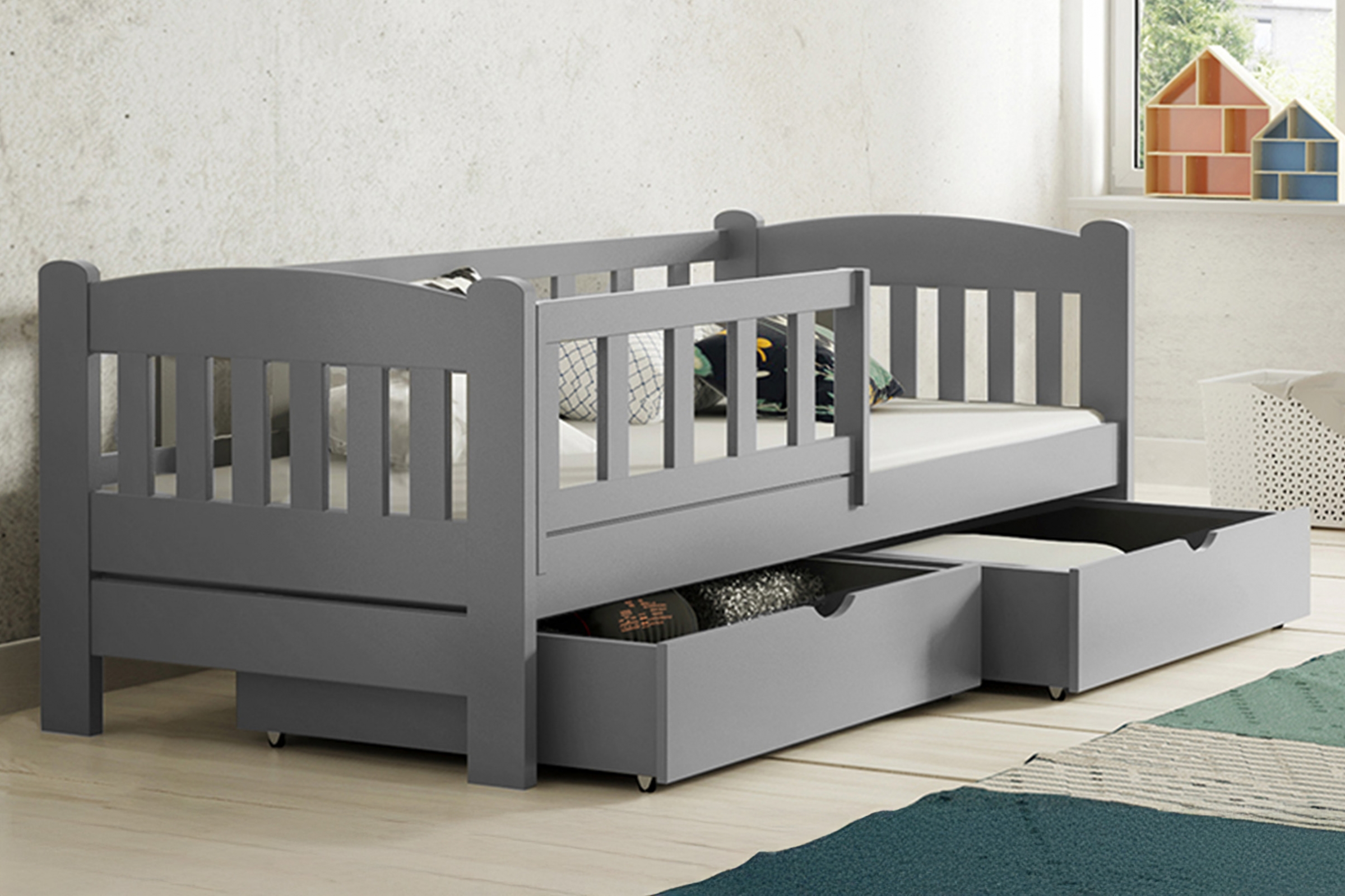 Detská posteľ Alvins - 80x180 cm, sivá Posteľ dzieciece Alvins drevená so zásuvkami - 80x180 / šedý