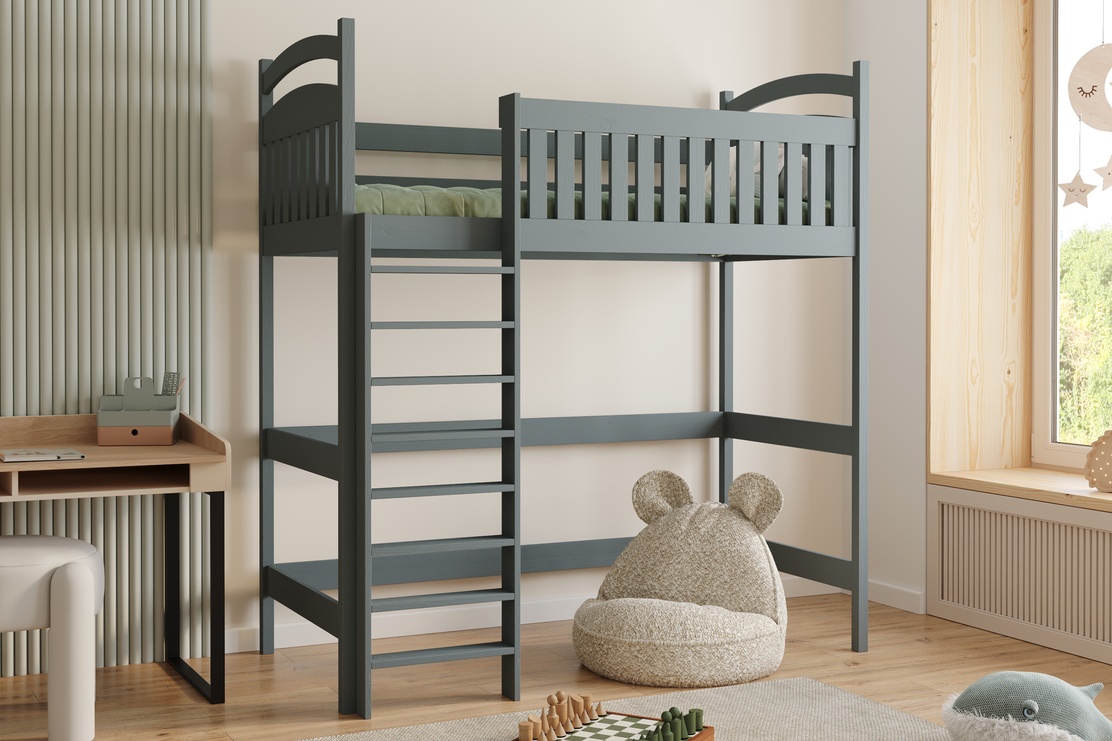 Vyvýšená detská posteľ Amely ZP 006 - Farba grafit, rozmer 90x190 Posteľ dzieciece Amely 90x190 vyvýšená - grafit