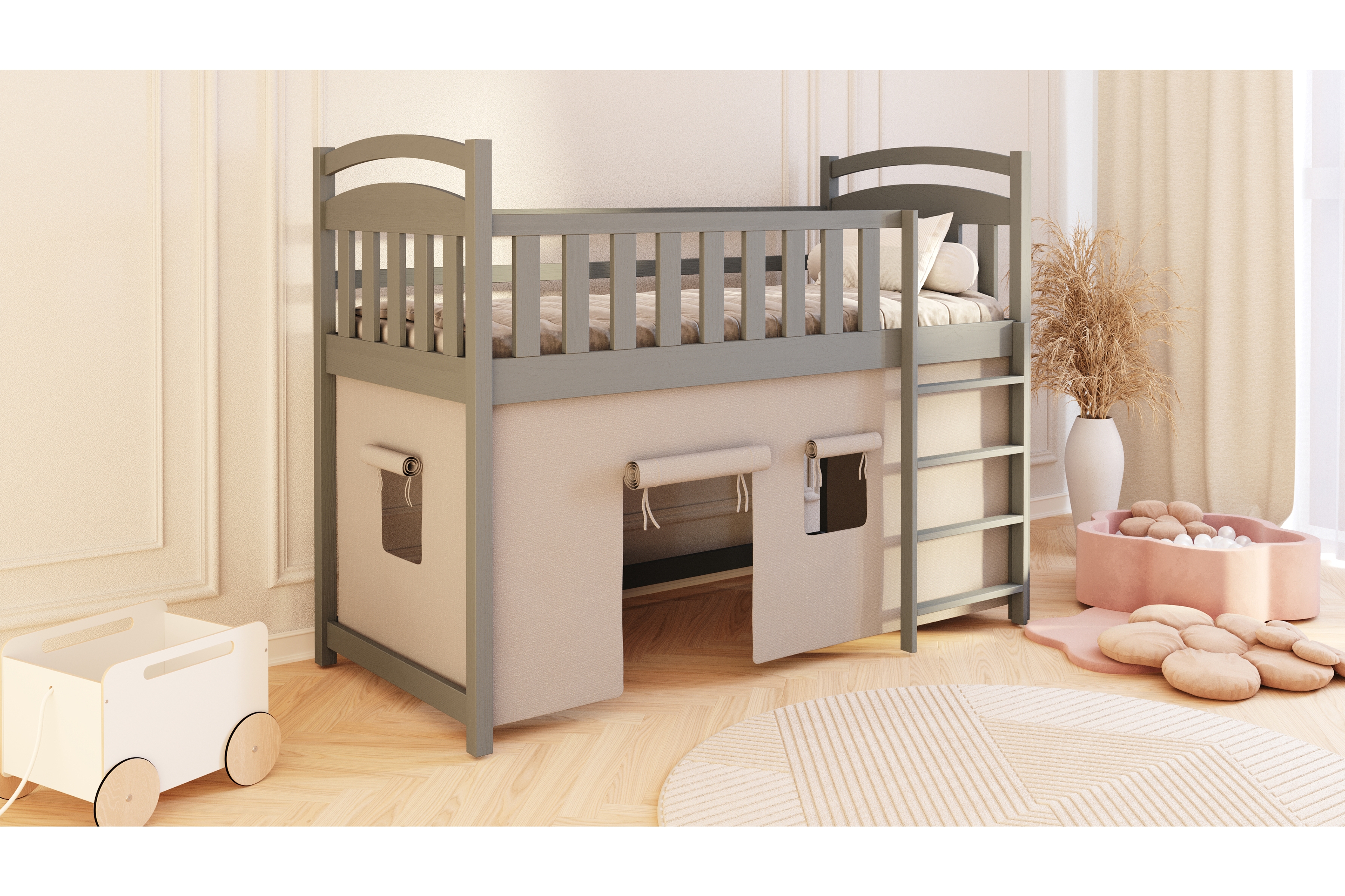 Vyvýšená detská posteľ Felixio - grafit, 90x200 Posteľ dzieciece vyvýšená Felixio - 90x200 / grafit