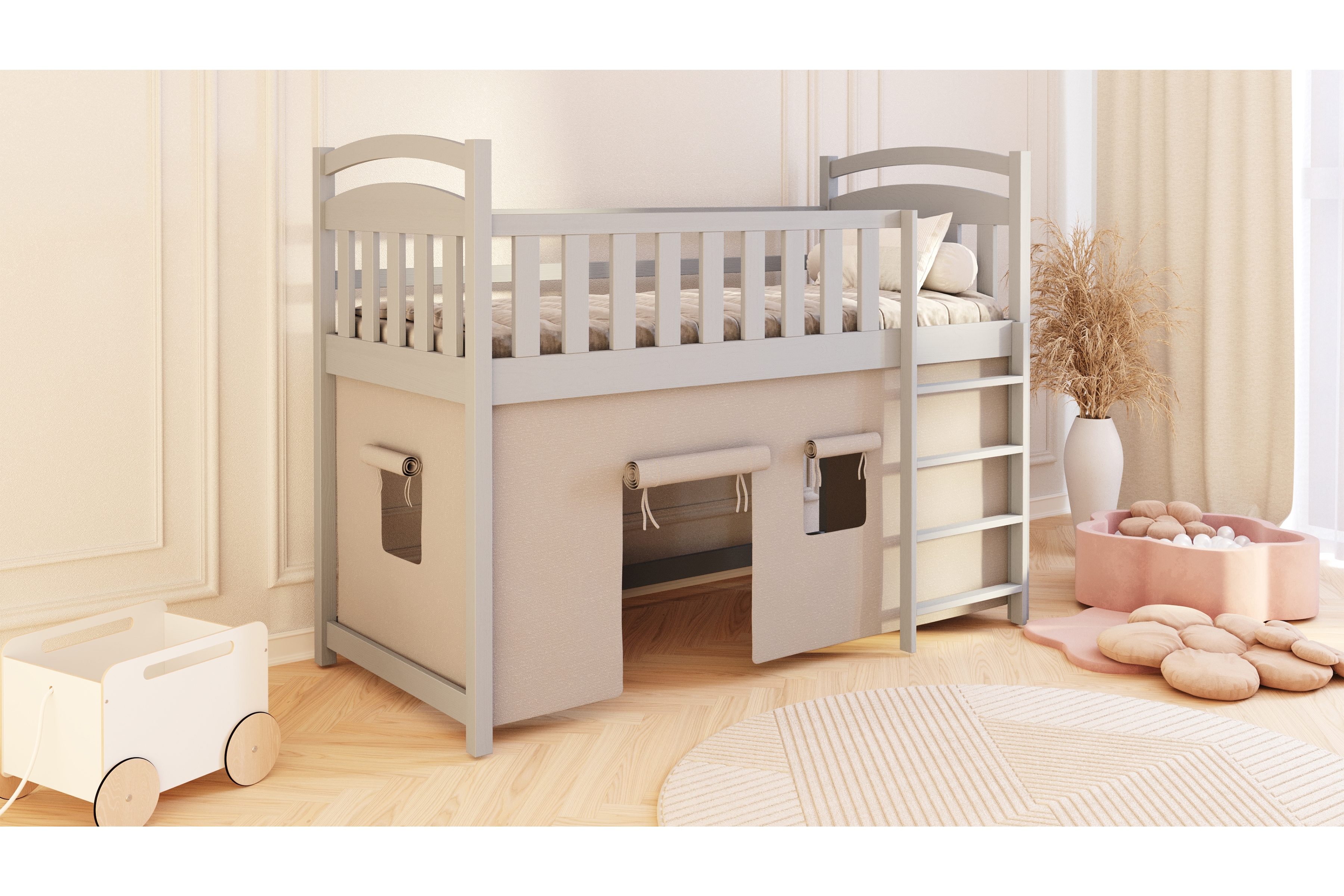 Vyvýšená detská posteľ Felixio - šedý, 90x200 Posteľ dzieciece vyvýšená Felixio - 90x200 / šedý