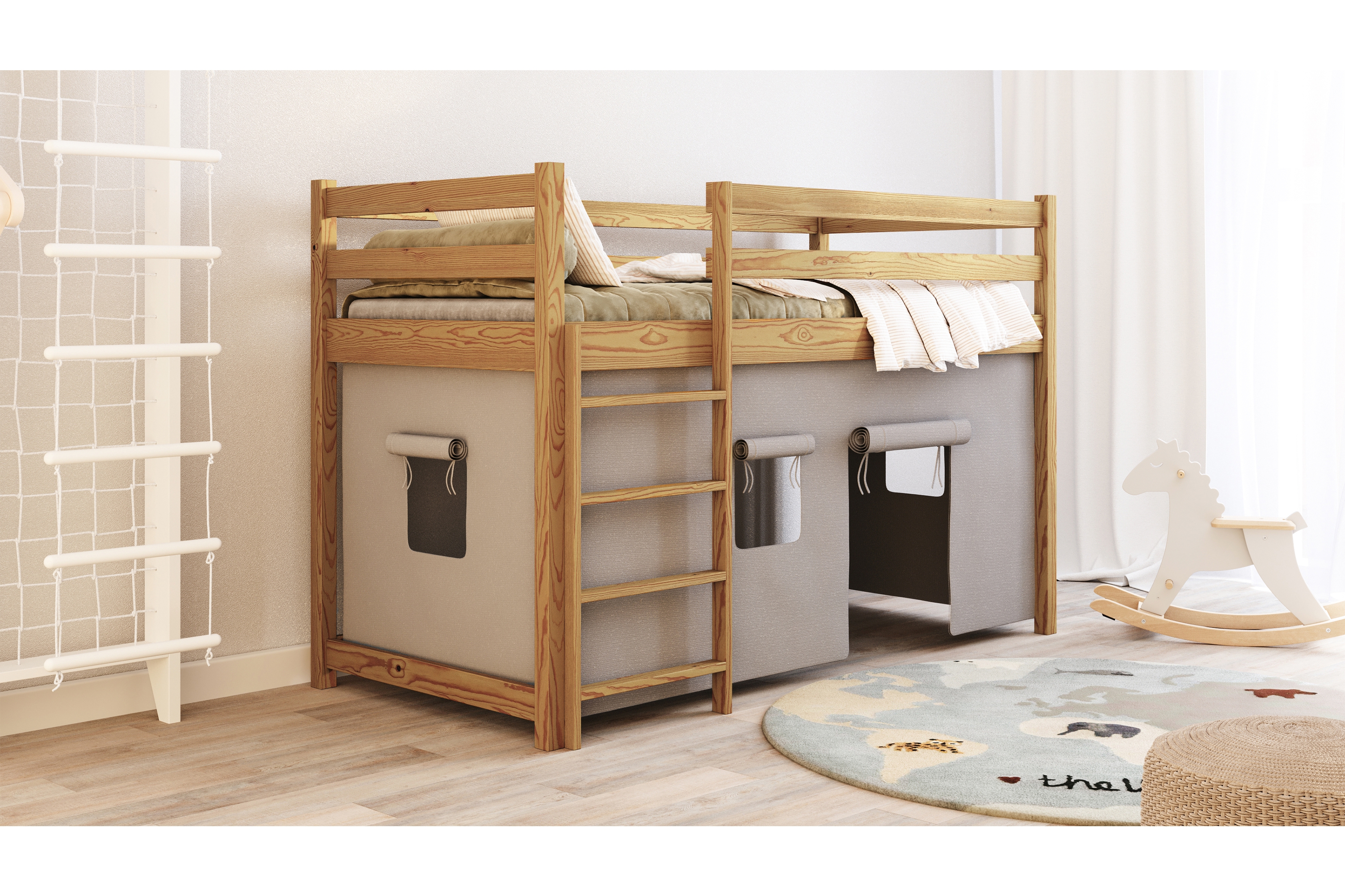 Vyvýšená detská posteľ Kubi - dub, 90x200 Posteľ dzieciece vyvýšená Kubi - 90x200 / Dub