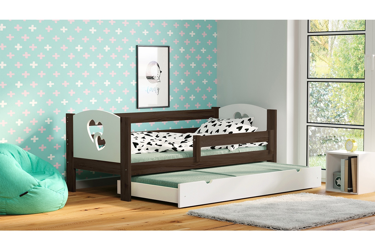 Dětská přízemní výsuvná postel Denis III - srdce postel v barevném odstínu čokolády