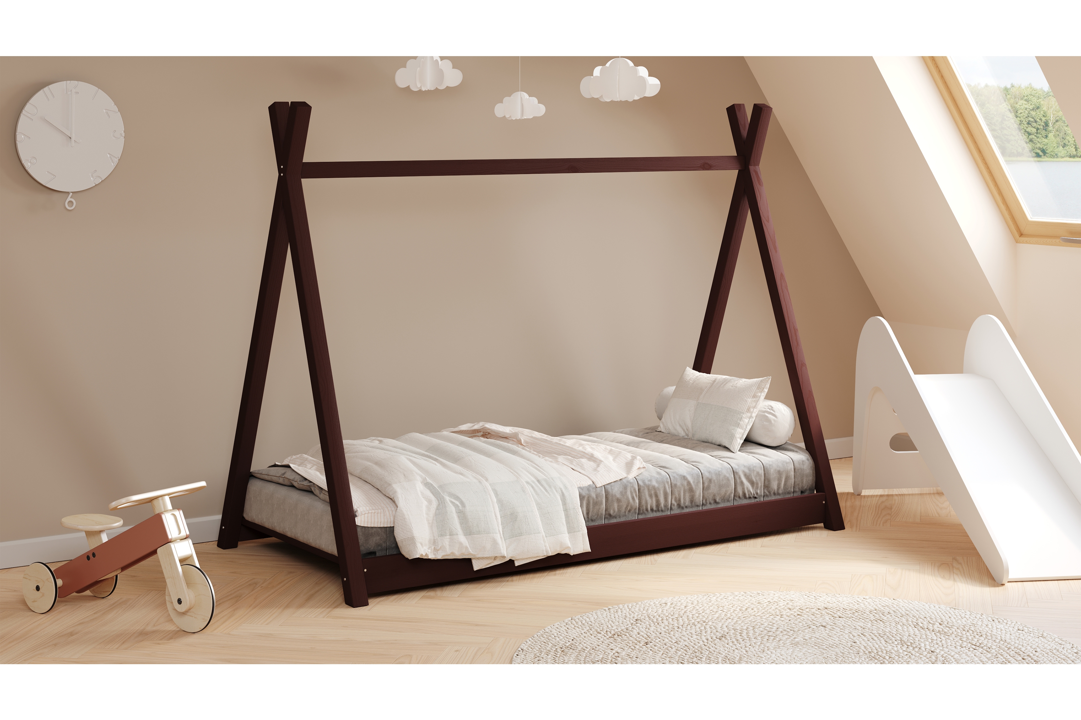 Dětská postel domeček Tipi 80x160 cm - hnědá Postel dzieciece dřevěná domeček Tipi - 80x160 / hnědá