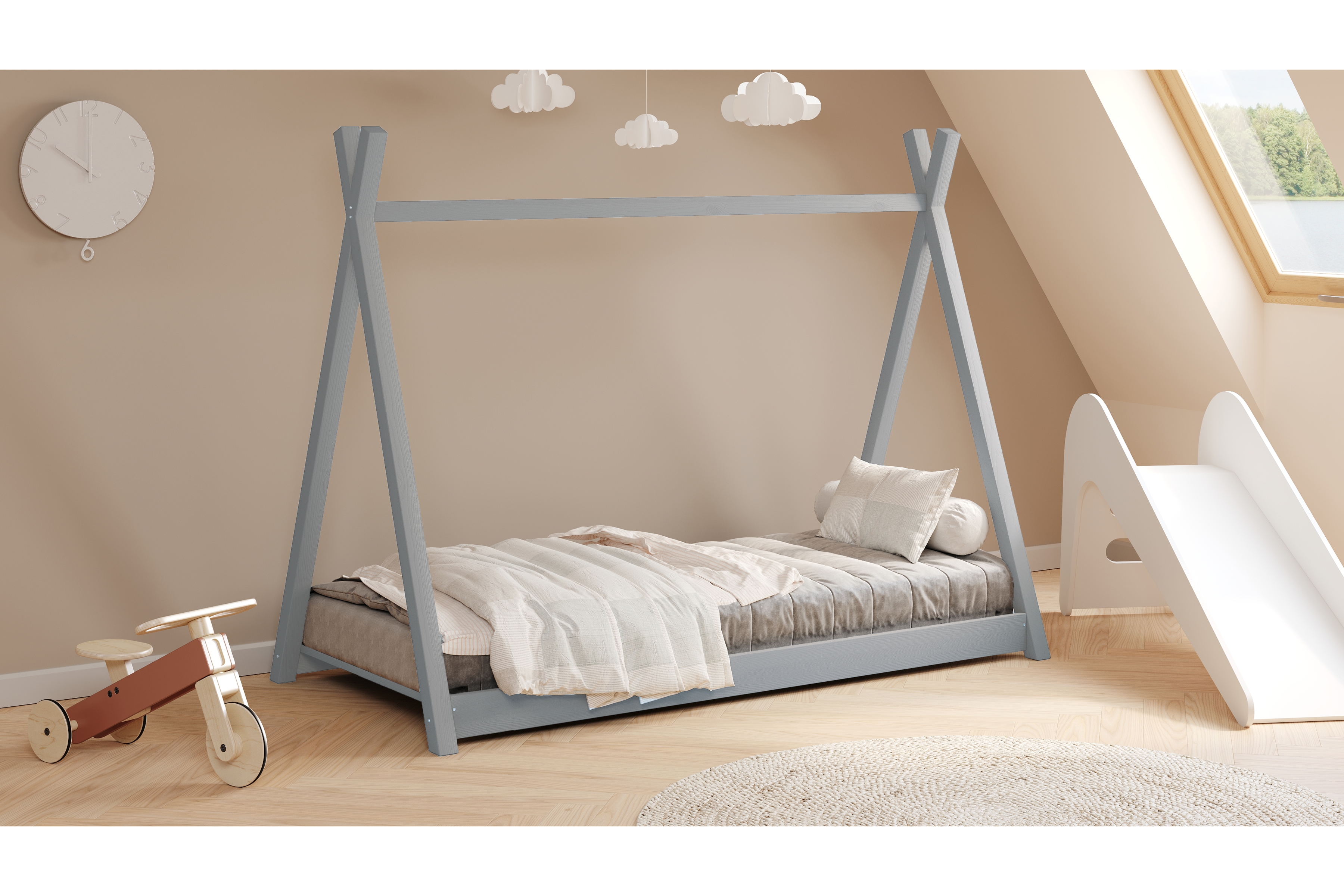 Dětská postel domeček Tipi 90x190 cm - šedá Postel dzieciece dřevěná domeček Tipi - 90x190 / šedá