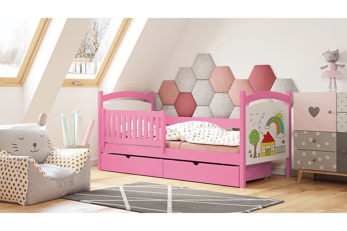 postel dzieciece drewniane z tablica suchoscieralna Amely 80x190 Certyfikat - Růžová - Výprodej różowe łóżko z biała tablicą