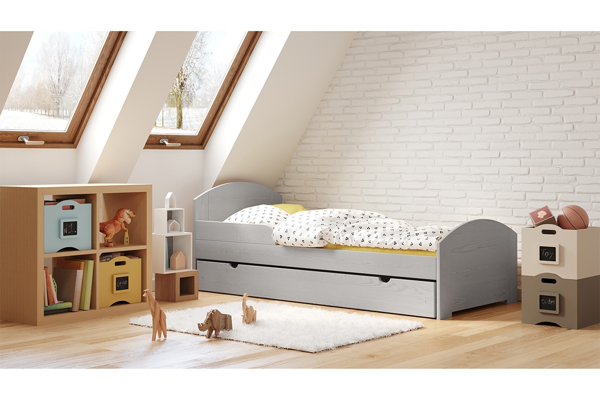 Detská drevená posteľ Fibi s výsuvným extra lôžkom szare Detská posteľ z wezglowiem