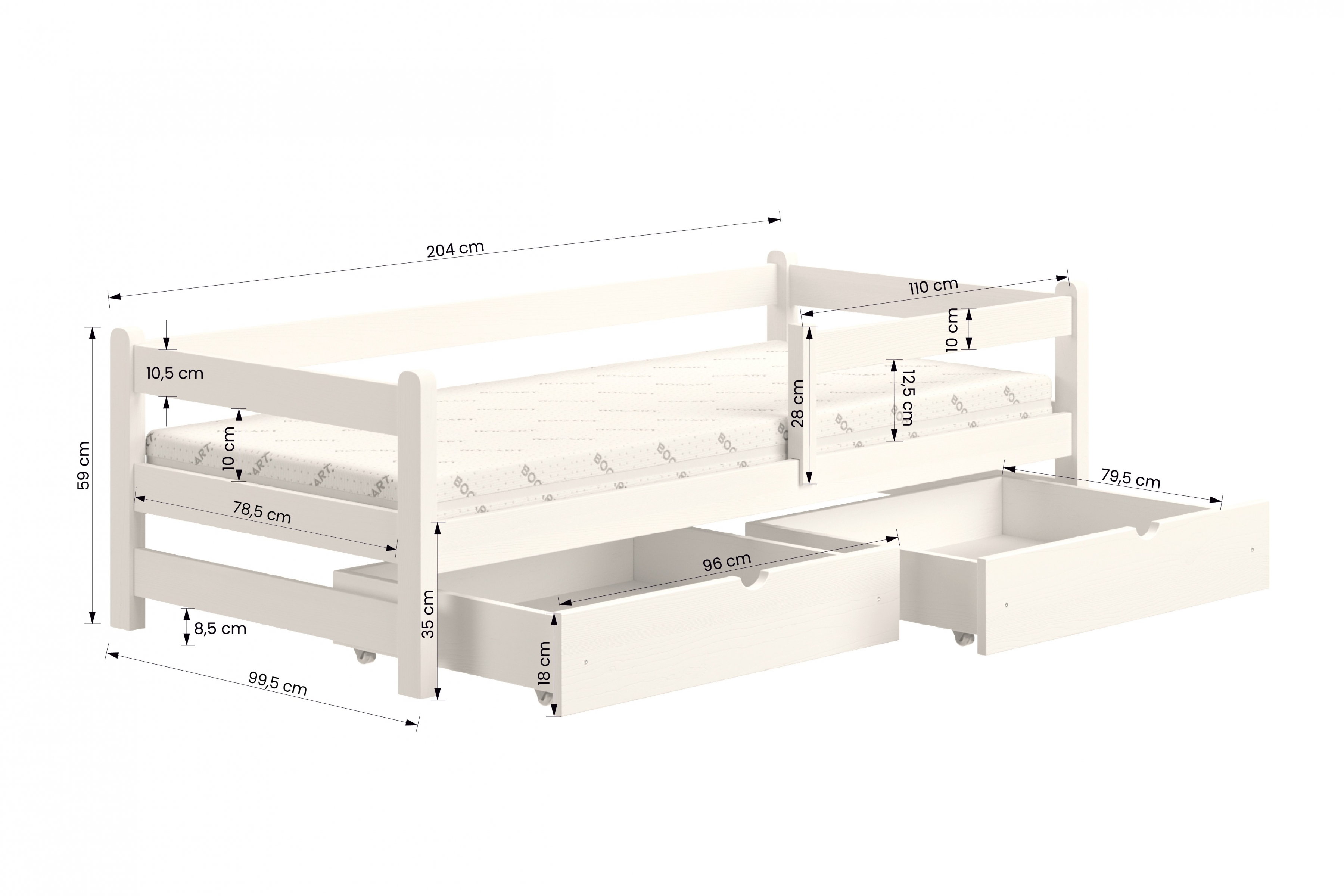 Detská posteľ Alis so zásuvkami - 90x200 cm - biela Posteľ dzieciece prízemná Alis - wymiar 90x200