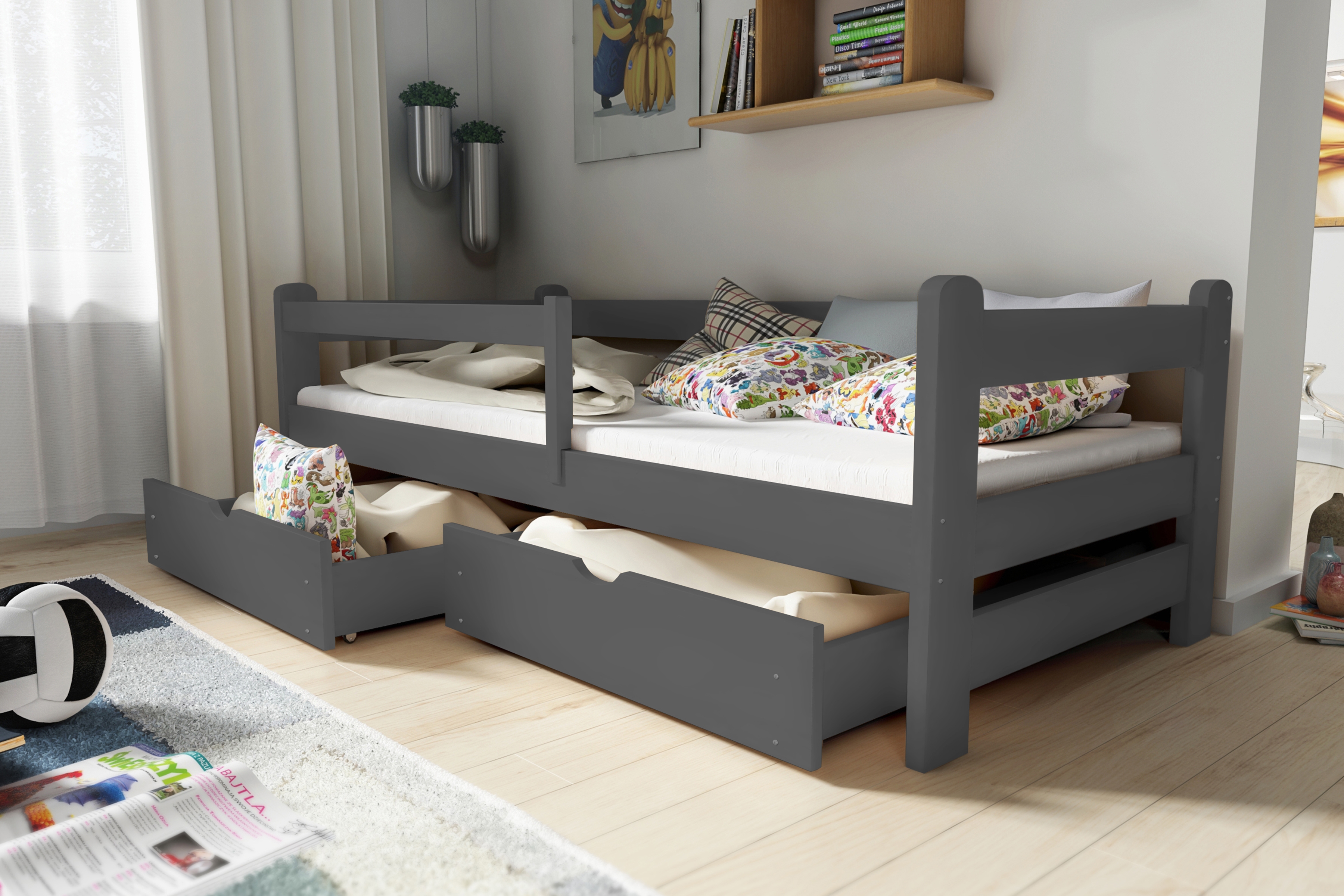 Detská posteľ Alis so zásuvkami - 90x200 cm - grafitová Posteľ dzieciece prízemná Alis -  90x200 / grafit