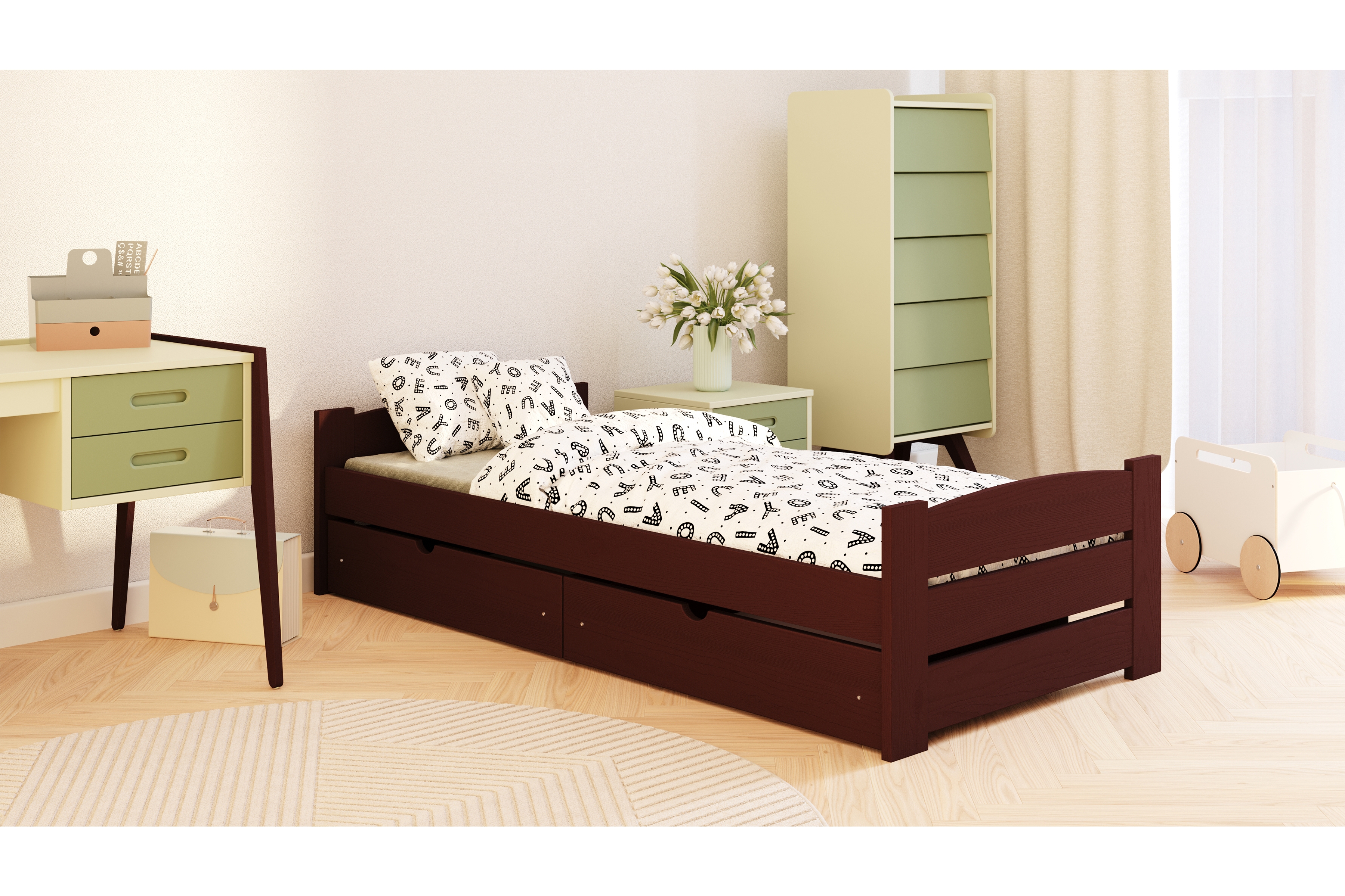 Detská posteľ Sandio so zásuvkami - hnedý, 70x140 Posteľ dzieciece prízemná Sandio so zásuvkami - 70x140 / Hnedý