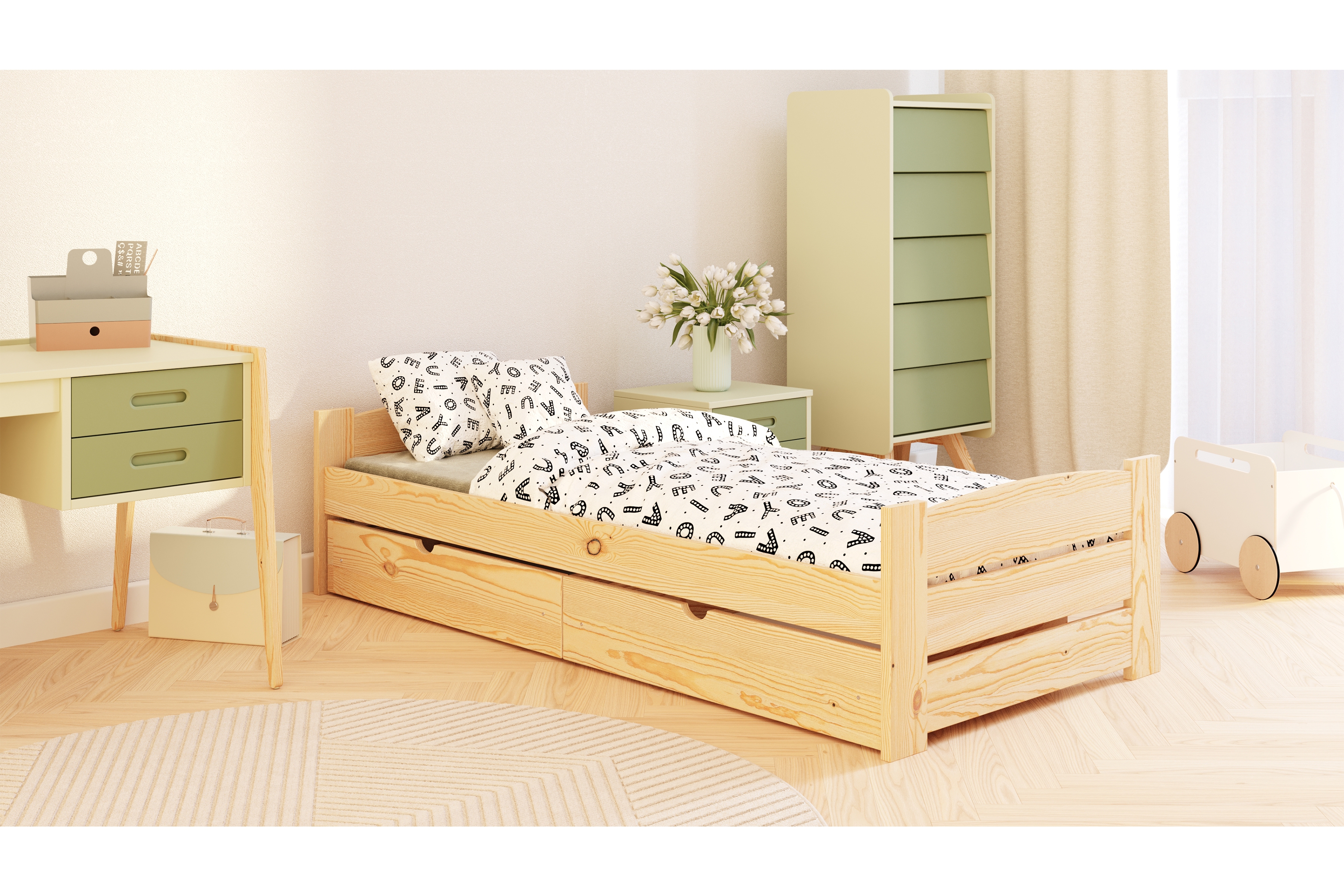 Detská posteľ Sandio so zásuvkami - borovica, 80x160 Posteľ dzieciece prízemná Sandio so zásuvkami - 80x160 / Borovica