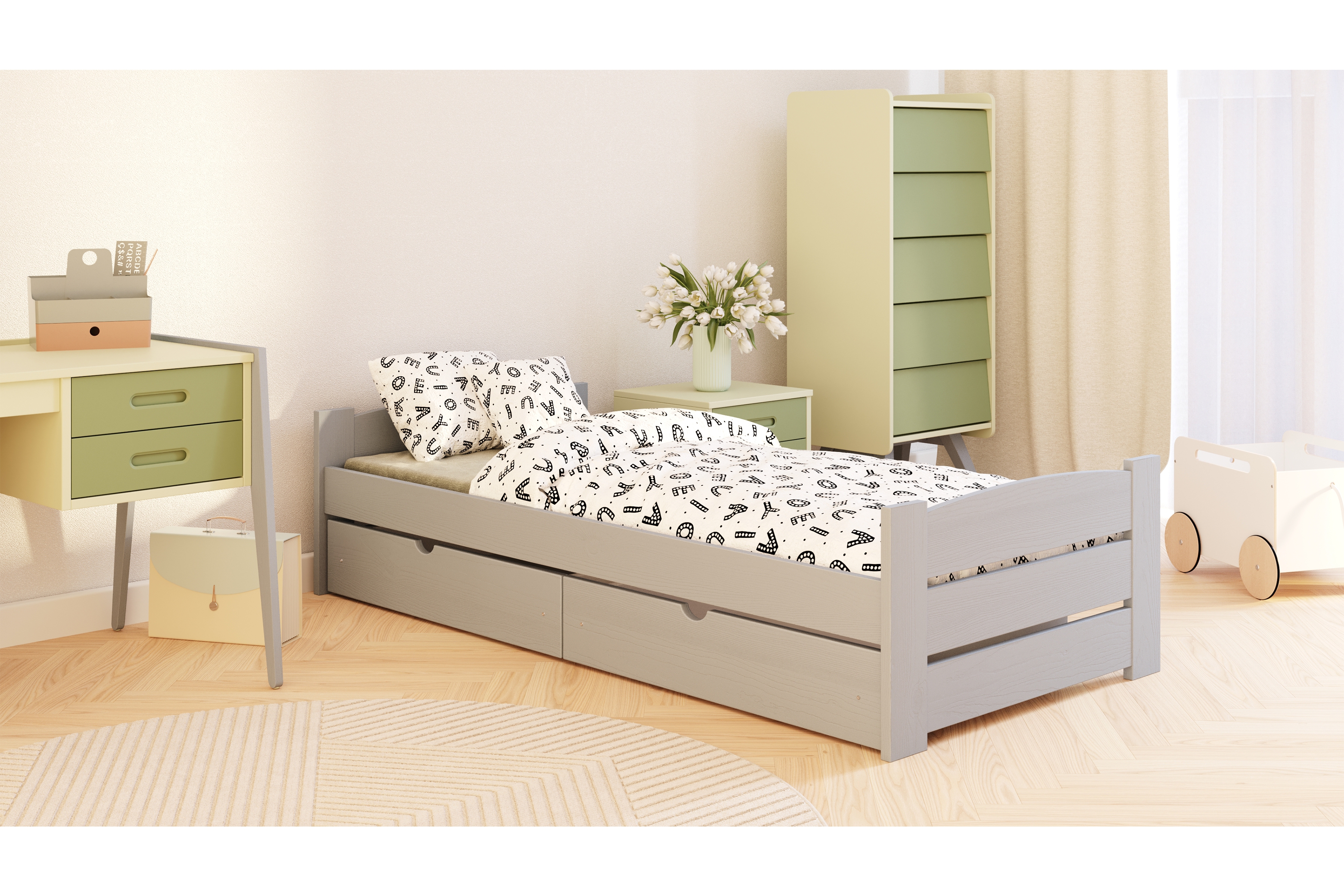 Detská posteľ Sandio so zásuvkami - šedý, 80x160 Posteľ dzieciece prízemná Sandio so zásuvkami - 80x160 / šedý