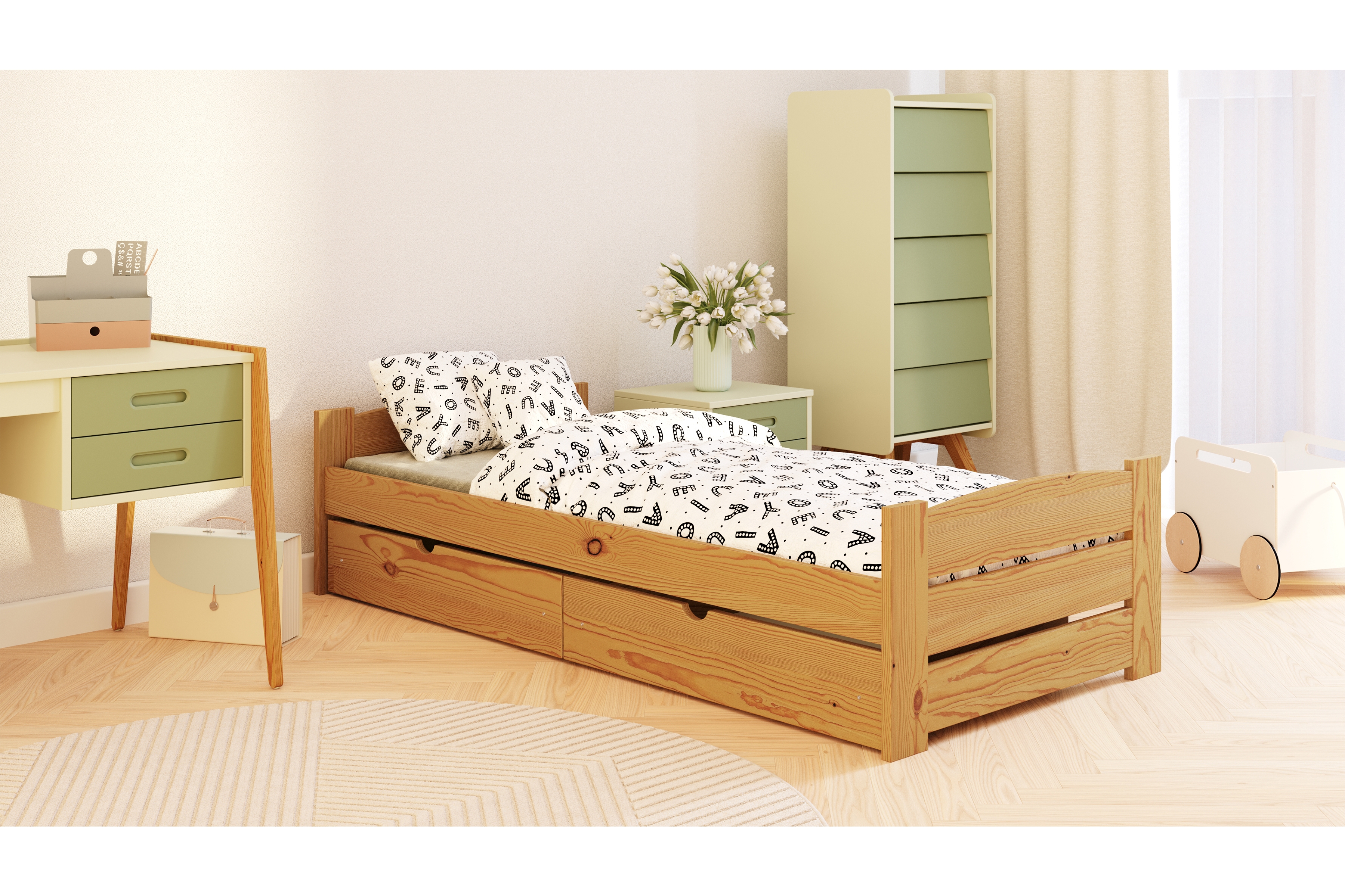 Detská posteľ Sandio so zásuvkami - dub, 80x200 Posteľ dzieciece prízemná Sandio so zásuvkami - 80x200 / Dub