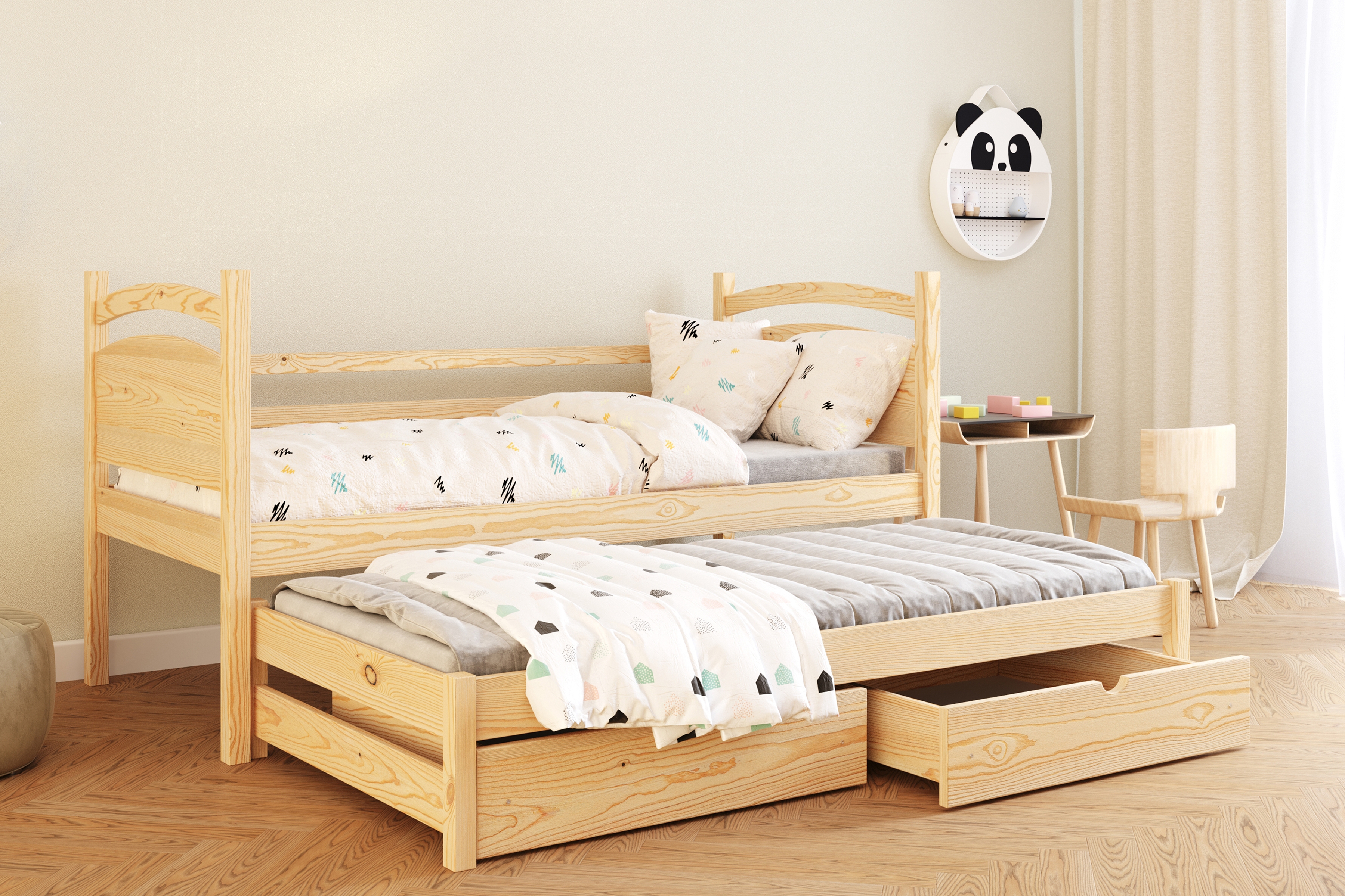 Detská posteľ s prístelkou Pinoki - borovica, 80x190 Posteľ dzieciece prízemná výsuvna Pinoki - 80x190 / Borovica