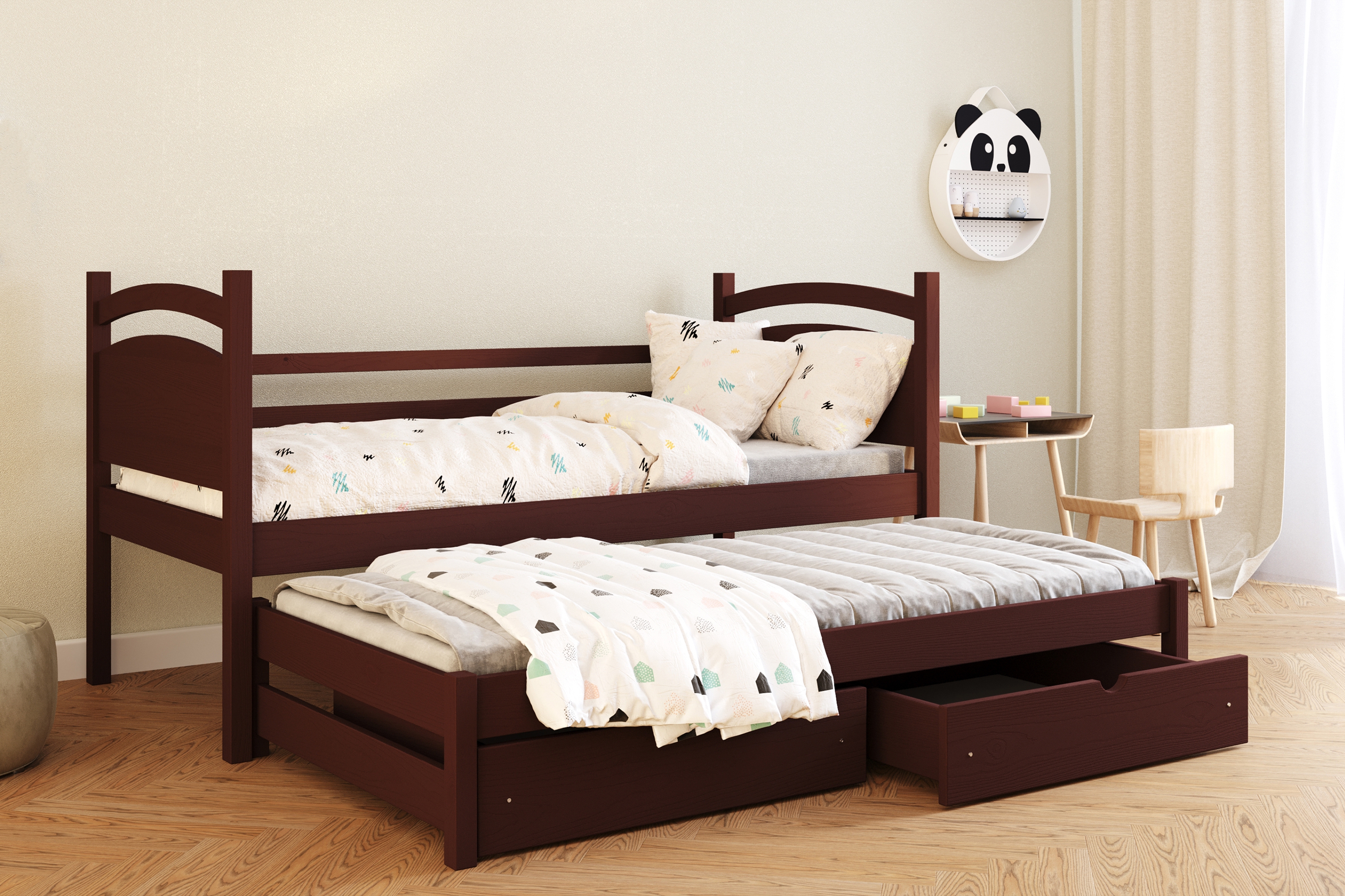 Detská posteľ s prístelkou Pinoki - hnedý, 90x190 Posteľ dzieciece prízemná výsuvna Pinoki - 90x190 / Hnedý