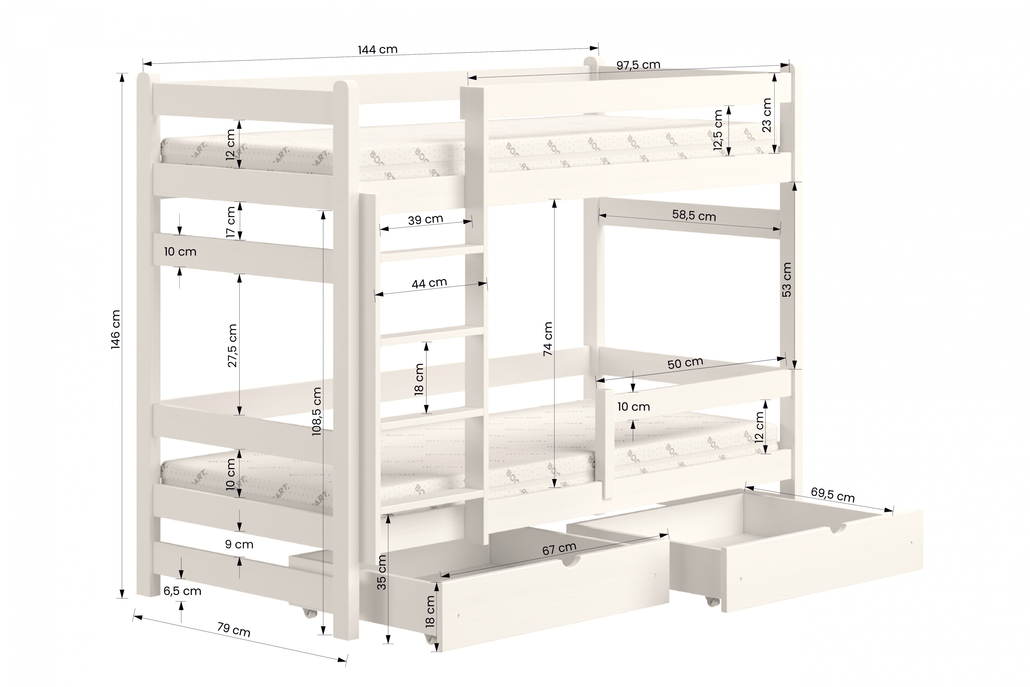 Dětská patrová výsuvná postel Alis 70x140 cm - borovice postel dzieciece patrová  Alis - Rozměry