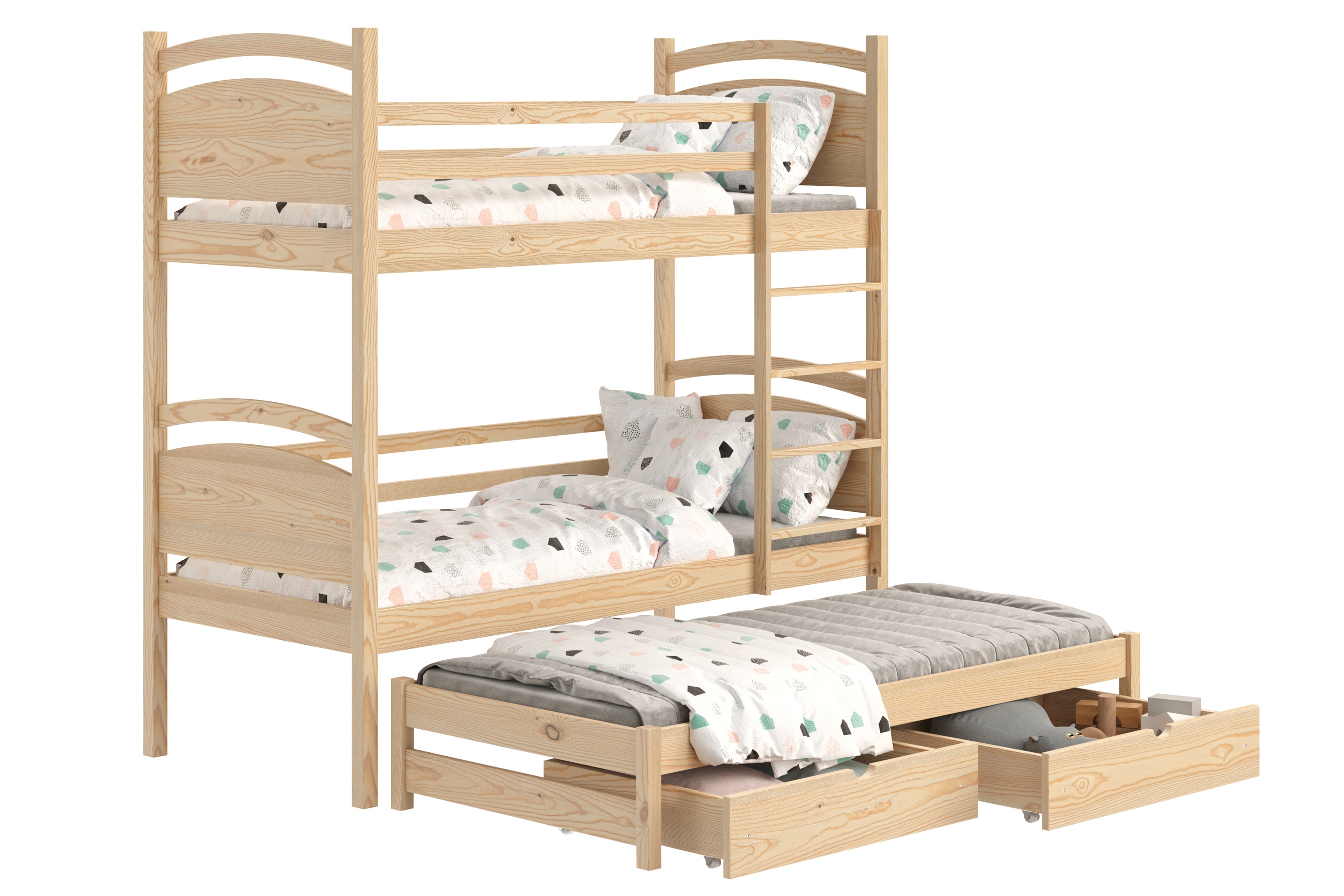 Poschodová posteľ s prístelkou Pinoki - borovica, 80x200 Posteľ dzieciece poschodová výsuvna Pinoki - 80x200 / Borovica