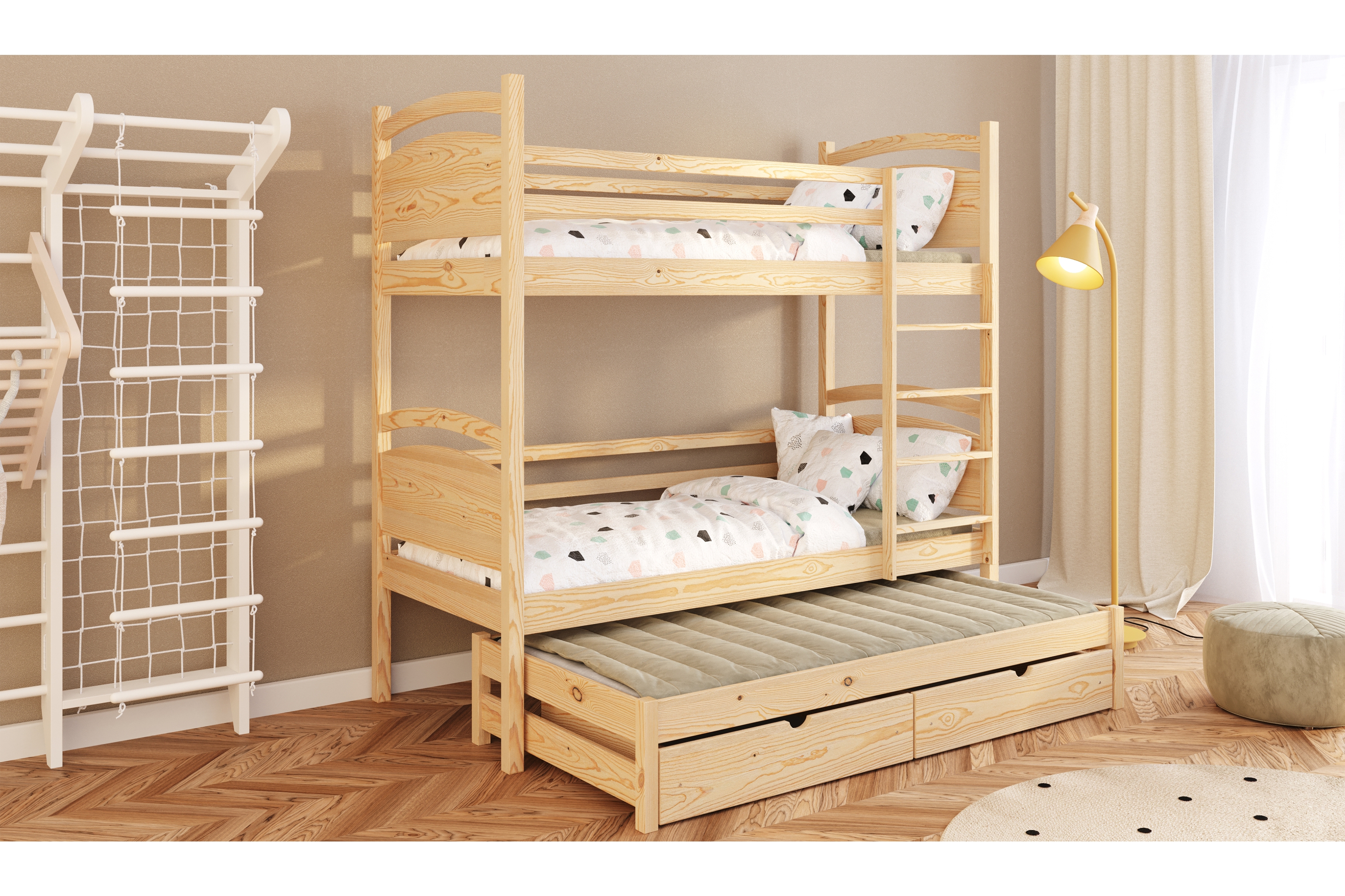 Poschodová posteľ s prístelkou Pinoki - borovica, 90x200 Posteľ dzieciece poschodová výsuvna Pinoki - 90x200 / Borovica