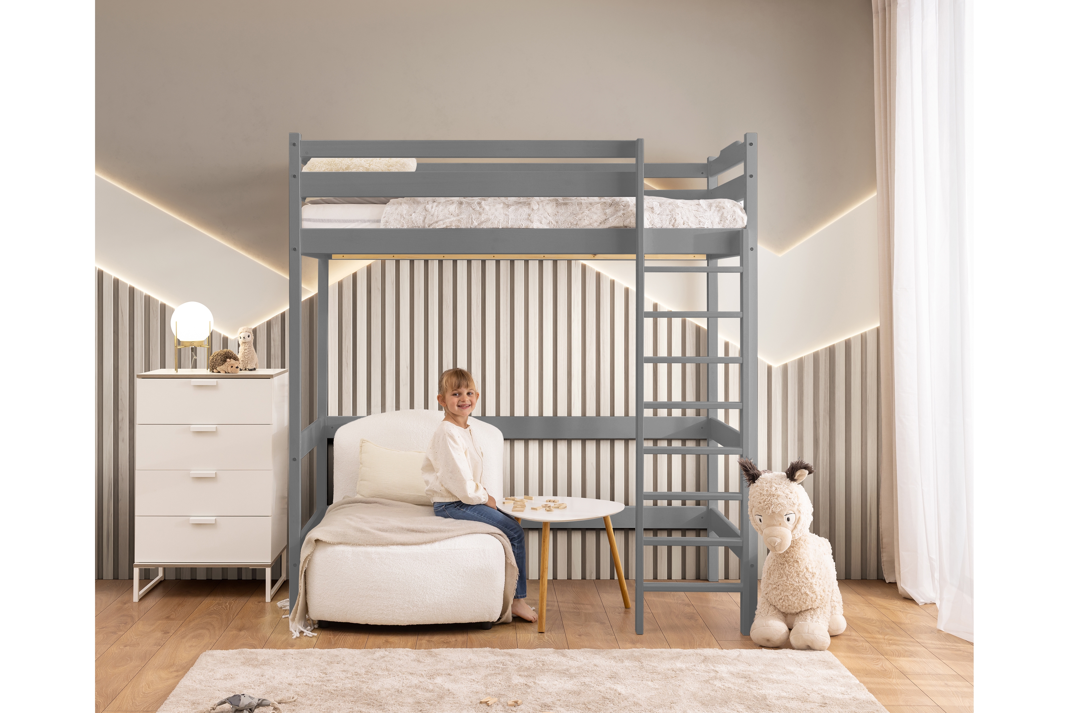 Vyvýšená detská posteľ Samio - 70x140 cm - šedá Posteľ dzieciece Samio 70x140 vyvýšená - šedý