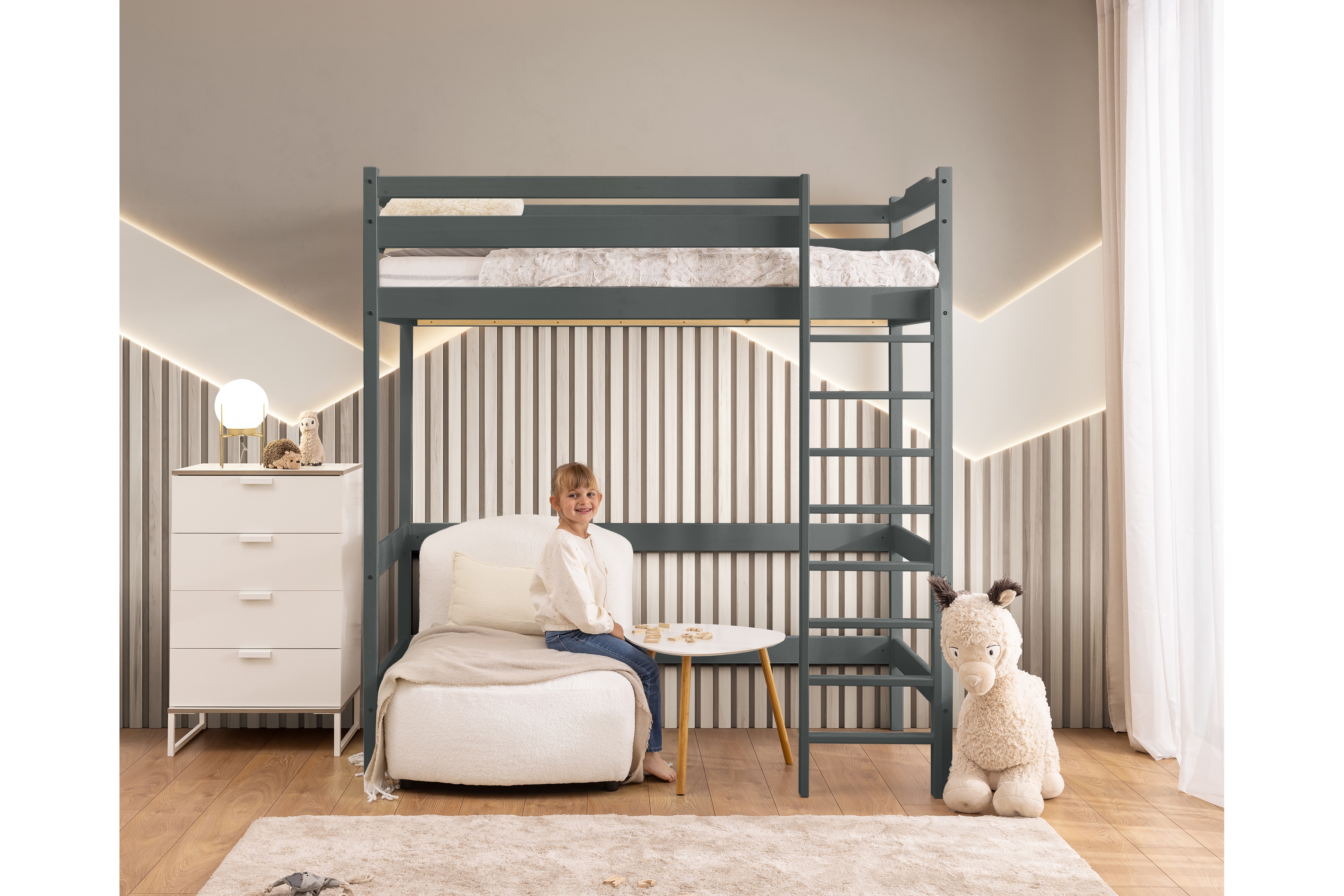 Vyvýšená detská posteľ Samio - 80x160 cm - grafitová Posteľ dzieciece Samio 80x160 vyvýšená - grafit