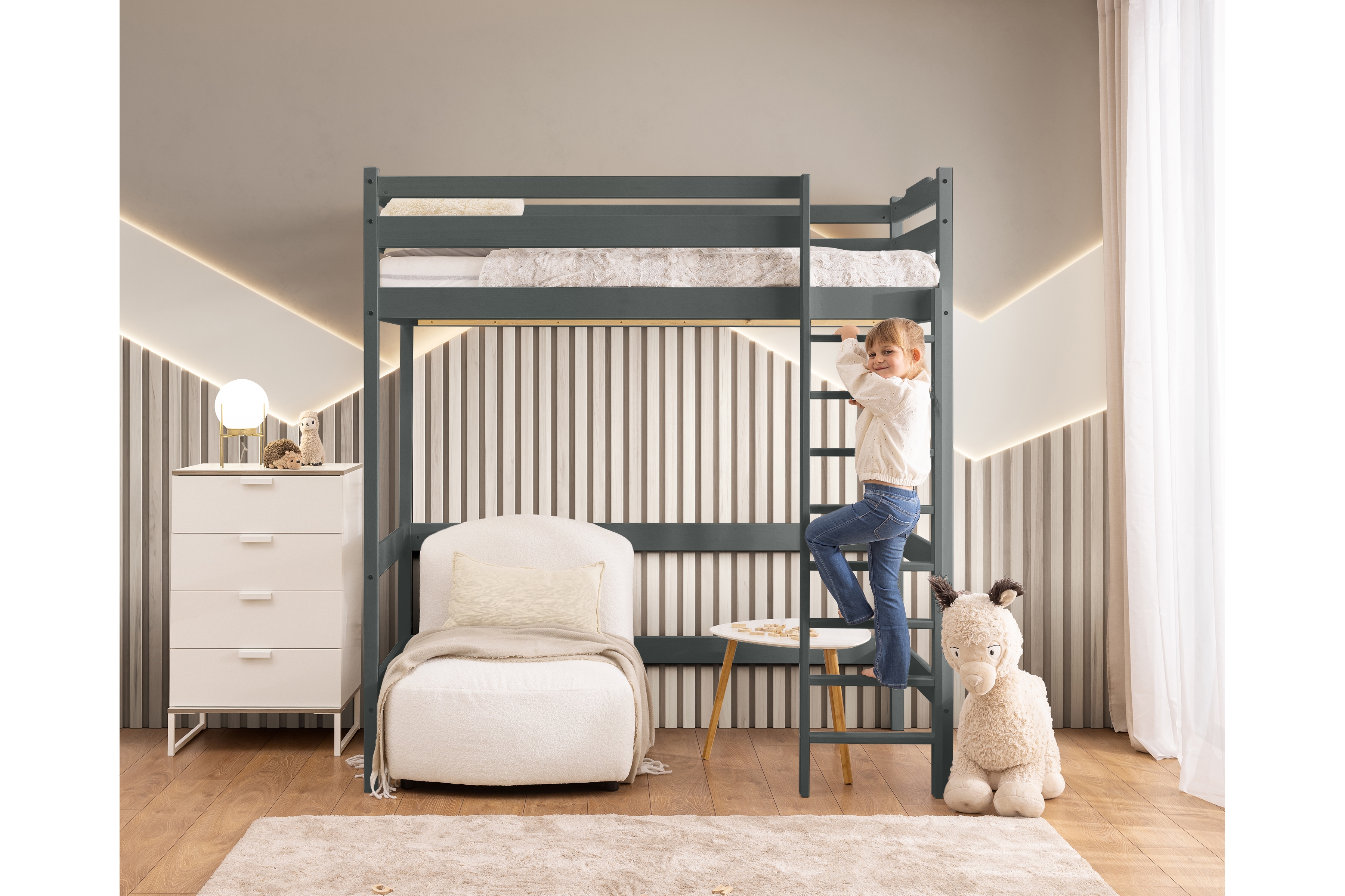 Vyvýšená detská posteľ Samio - 80x160 cm - grafitová Posteľ dzieciece Samio 80x160 vyvýšená - grafit