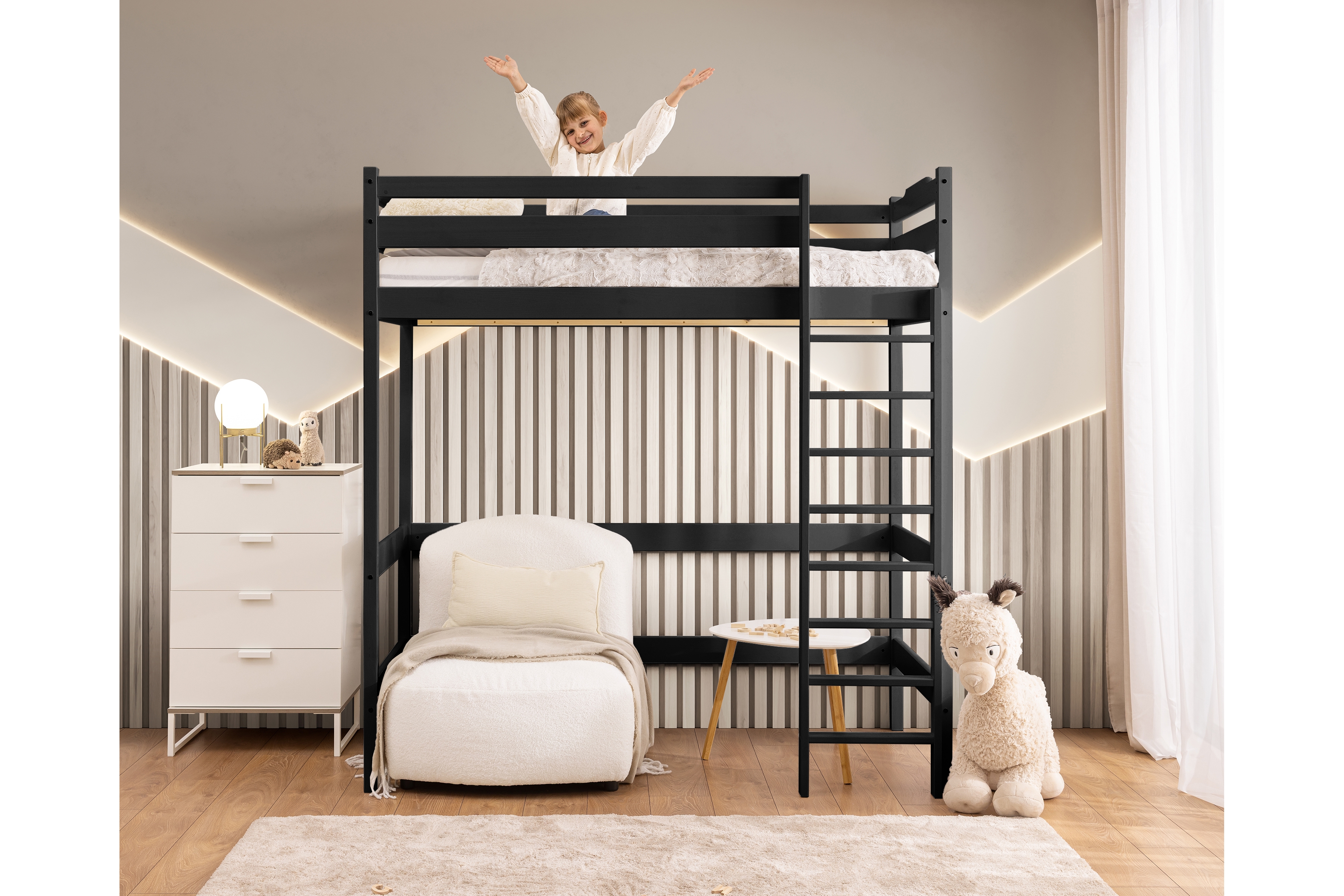 Vyvýšená detská posteľ Samio - 90x180 cm - čierna Posteľ dzieciece Samio 90x180 vyvýšená - Čierny