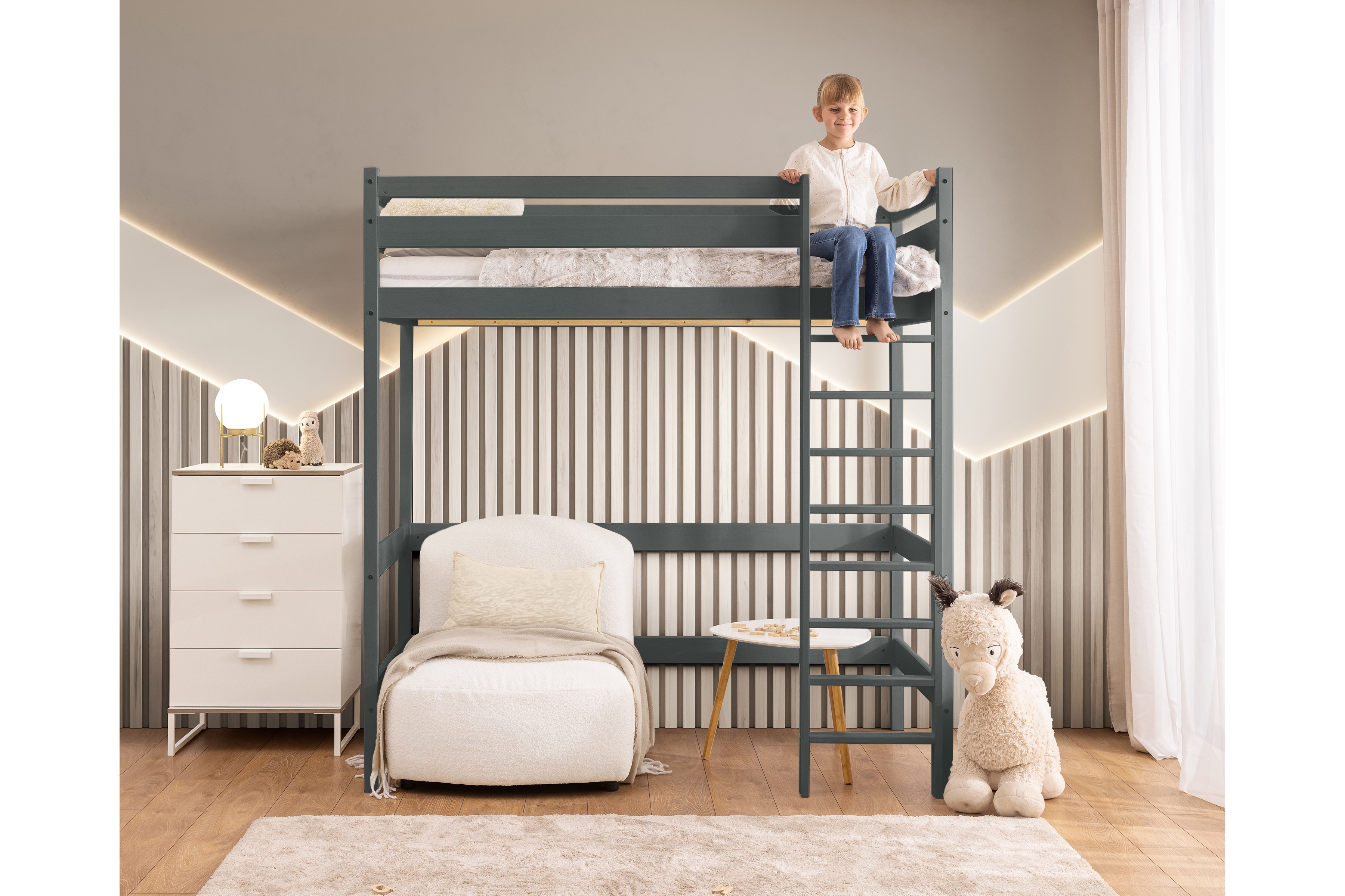 Vyvýšená detská posteľ Samio - 90x180 cm - grafitová Posteľ dzieciece Samio 90x180 vyvýšená - grafit