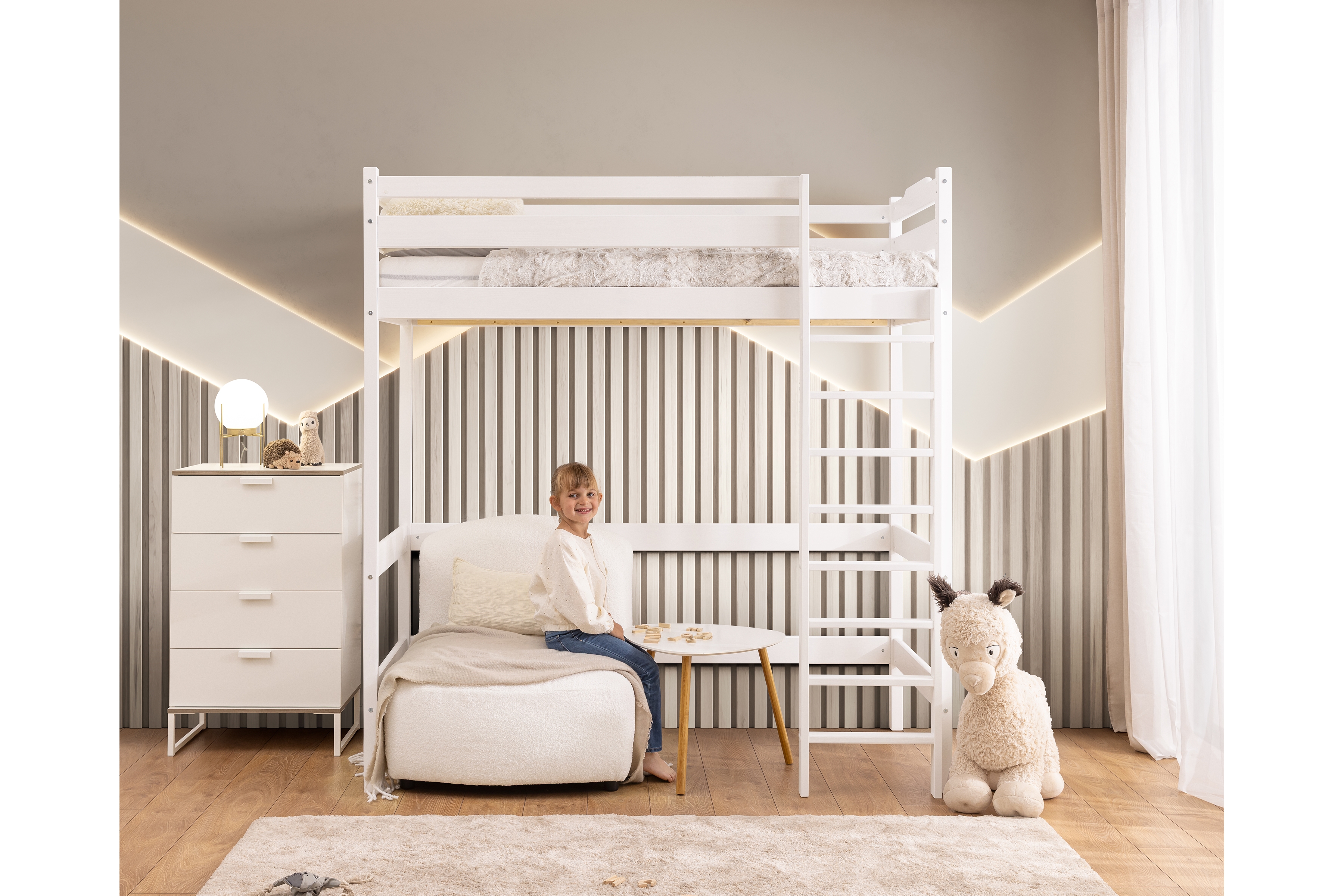 Vyvýšená detská posteľ Samio - 90x200 cm - biela Posteľ dzieciece Samio 90x200 vyvýšená - Biely