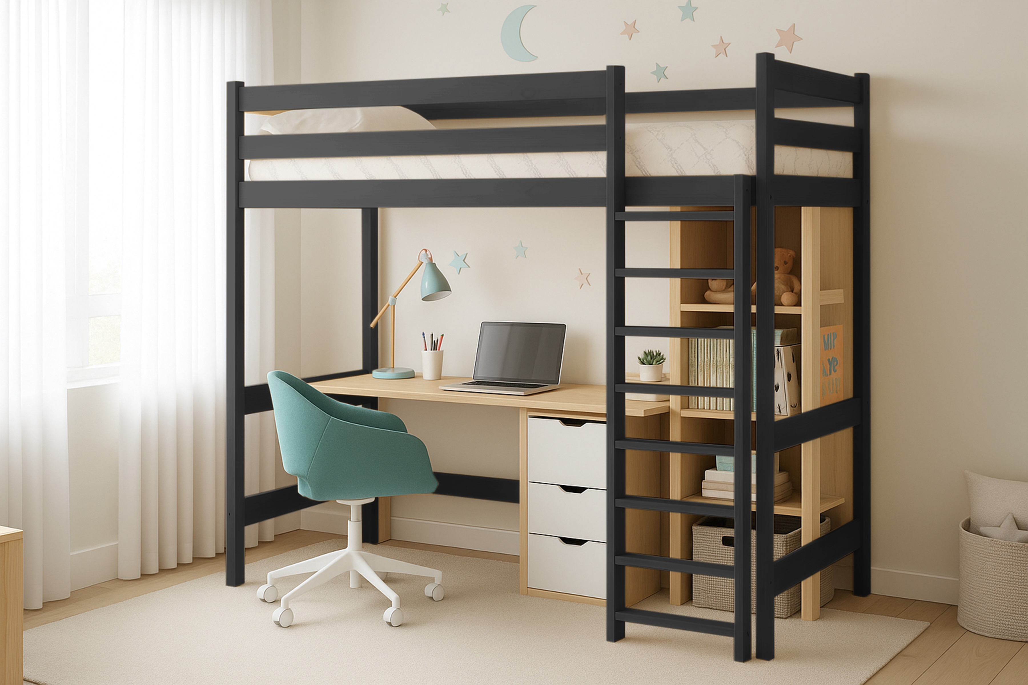 Vyvýšená detská posteľ Samio - 90x200 cm - čierna Posteľ dzieciece Samio 90x200 vyvýšená - Čierny