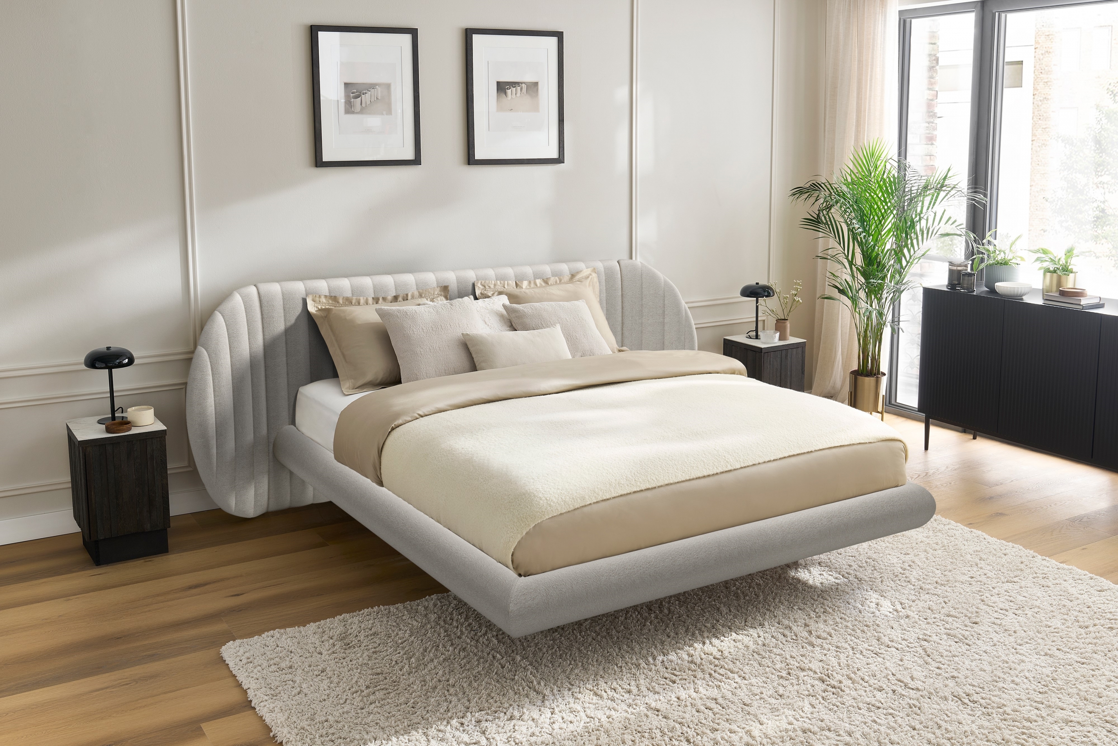 Manželská posteľ Galin 160x200 cm - béžová pletenina Leo 03 Posteľ Galin lewitujace / 160x200 / Leo 03