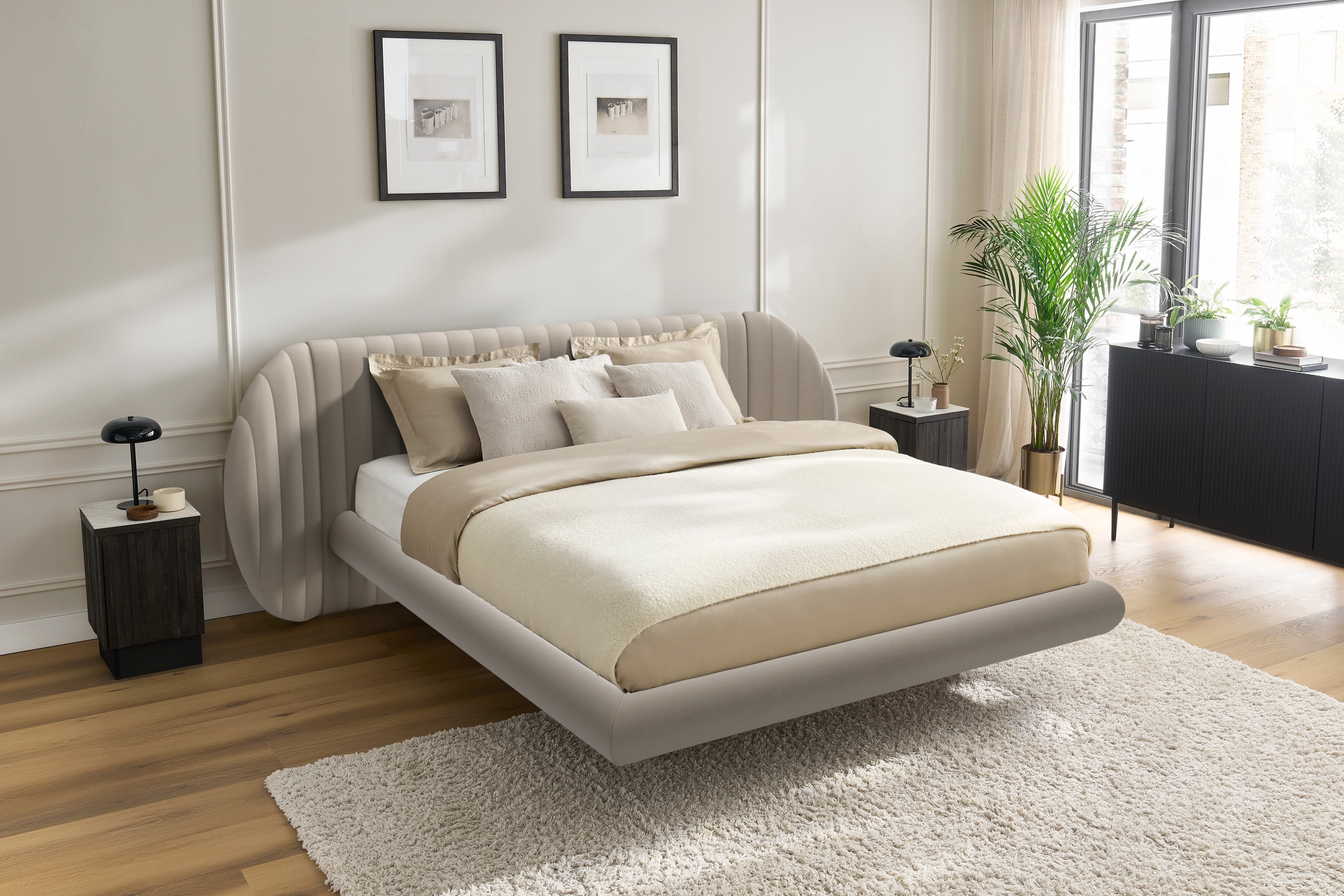 Manželská posteľ Galin 180x200 cm - béžový velúr Velutto 2 Posteľ Galin lewitujace / 180x200 / Velutto 2