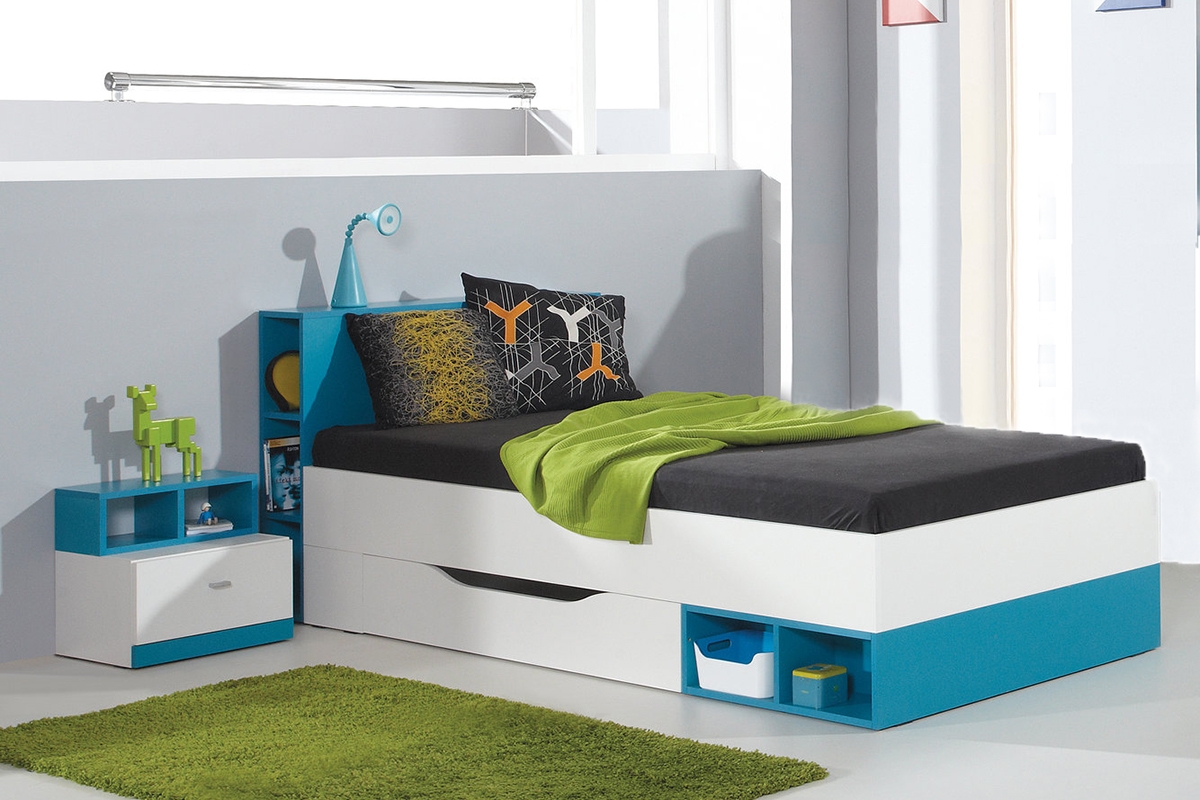 Studentská postel Mobi MO18 - 90x200 - bílá / tyrkysová postel mládežnická jednolůžková 90x200 Mobi MO18