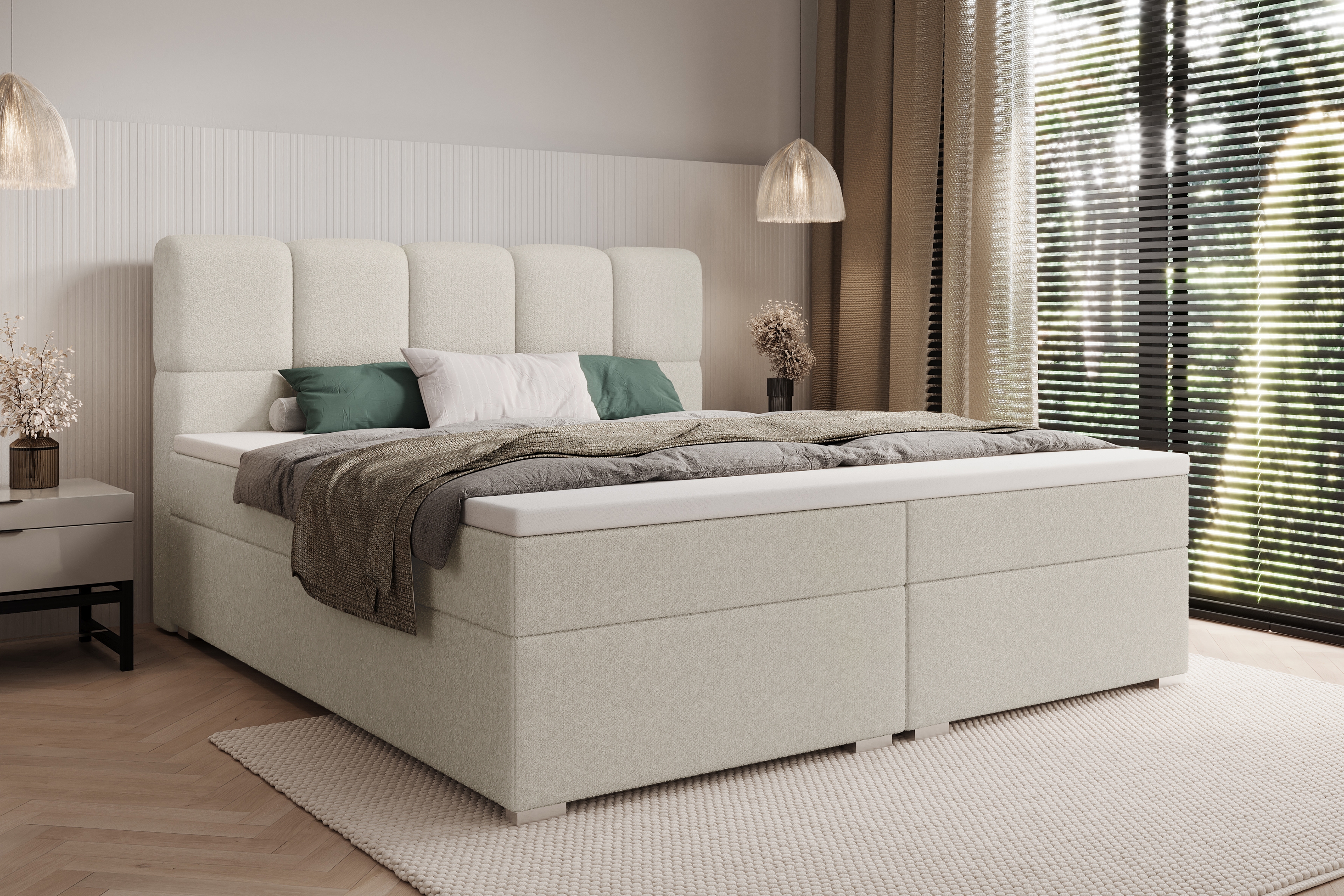 Kontinentální postel Carello 160x200 s úložným prostorem - světle béžová buklé Quelle 02 Postel boxspring Carello 160x200 s úložním prostorem - světlý béžová bukla Quelle 02 