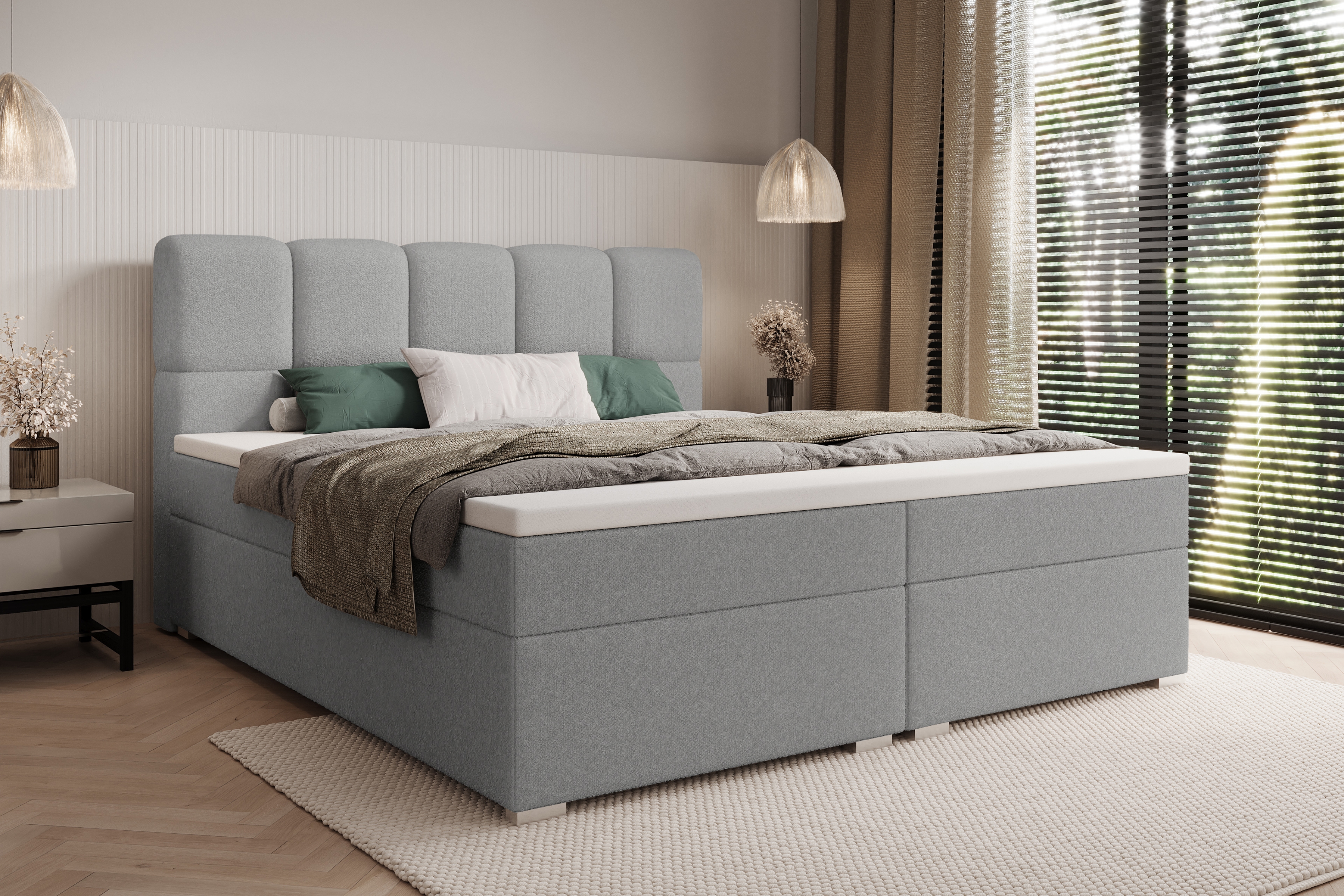 Kontinentální postel Carello 160x200 s úložným prostorem - šedá bouclé Quelle 83 Postel boxspring Carello 160x200 s úložním prostorem - šedá bukla Quelle 83 