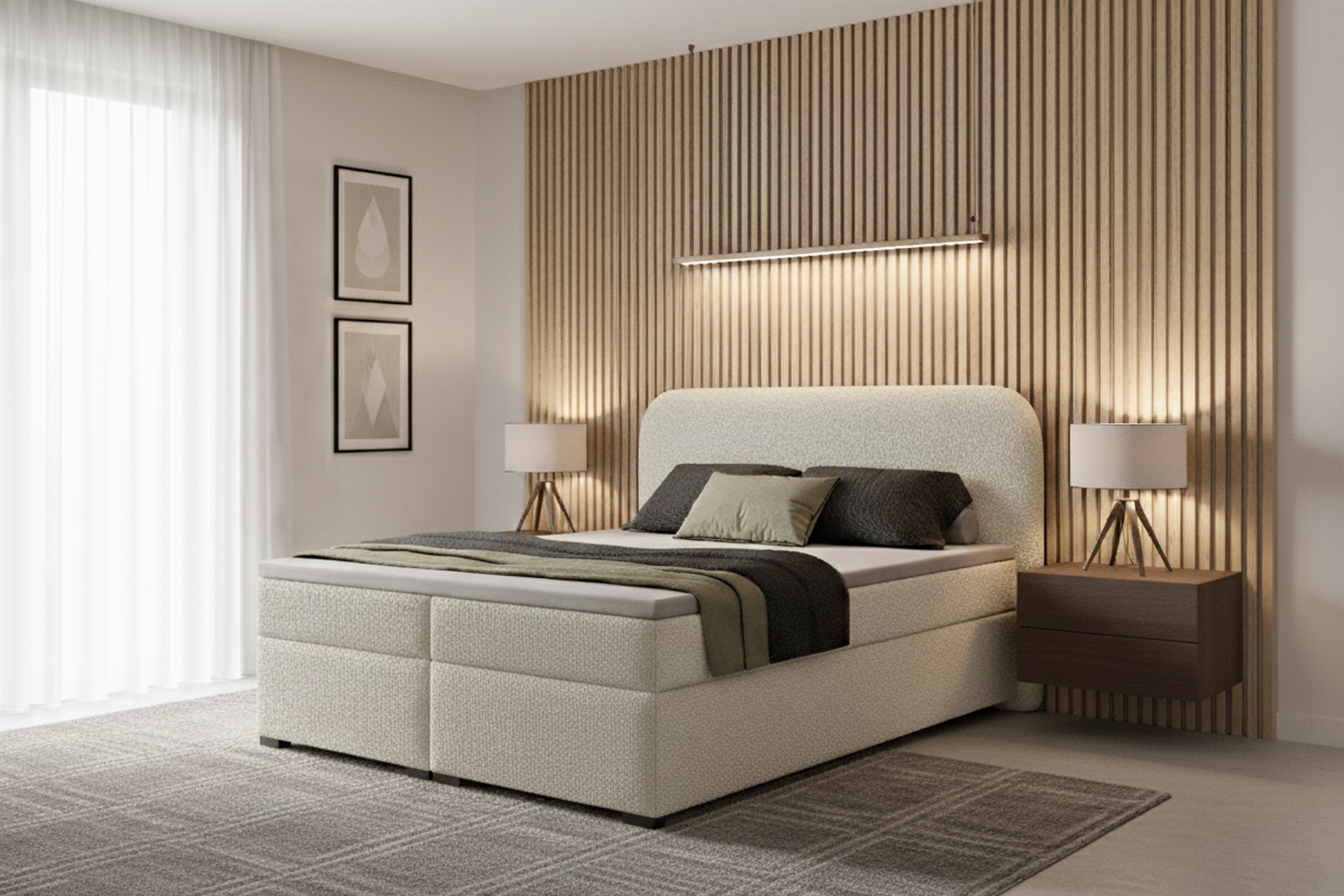 Kontinentálna posteľ Eleris 180x200 s úložným priestorom - béžová buklé Quelle 05 Boxspring posteľ Elaris 180x200 s úložným priestorom - Béžová bukla Quelle 05