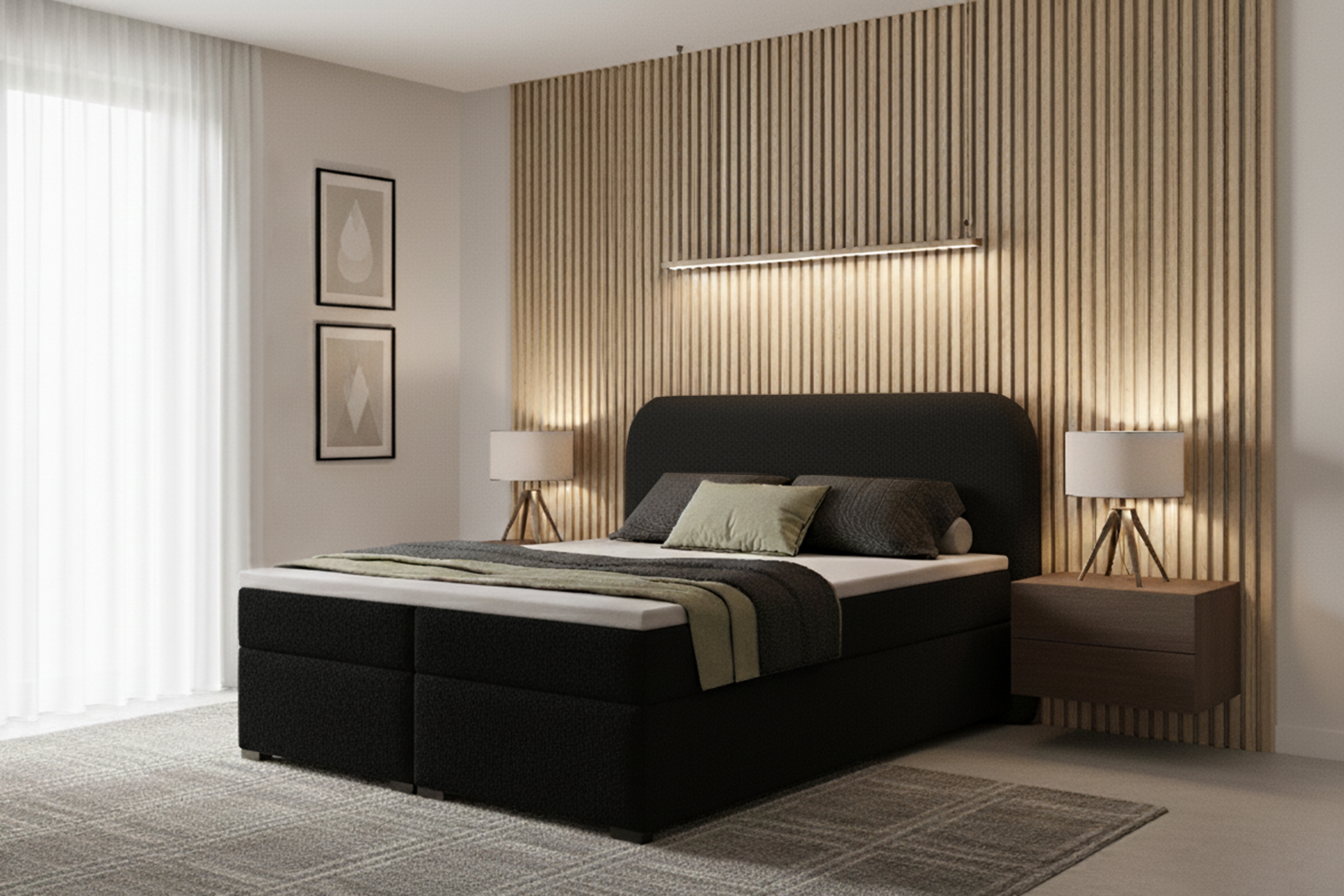 Kontinentálna posteľ Eleris 180x200 s úložným priestorom - čierna buklé Quelle 100 Boxspring posteľ Elaris 180x200 s úložným priestorom - Čierna bukla Quelle 100