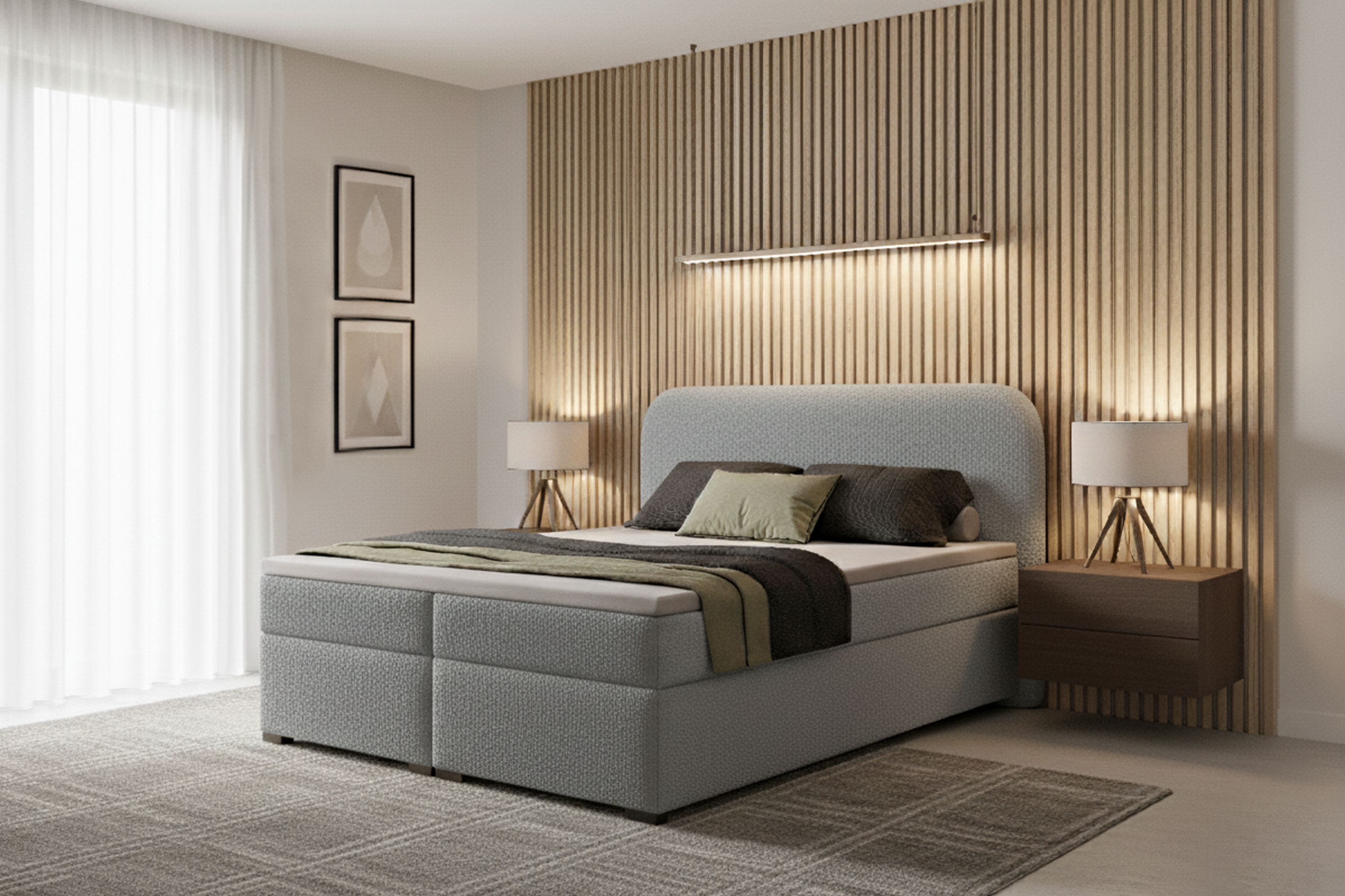 Kontinentální postel Eleris 180x200 s úložným prostorem - šedá bouclé Quelle 83 Postel boxspring Elaris 180x200 s úložním prostorem - šedá bukla Quelle 83 