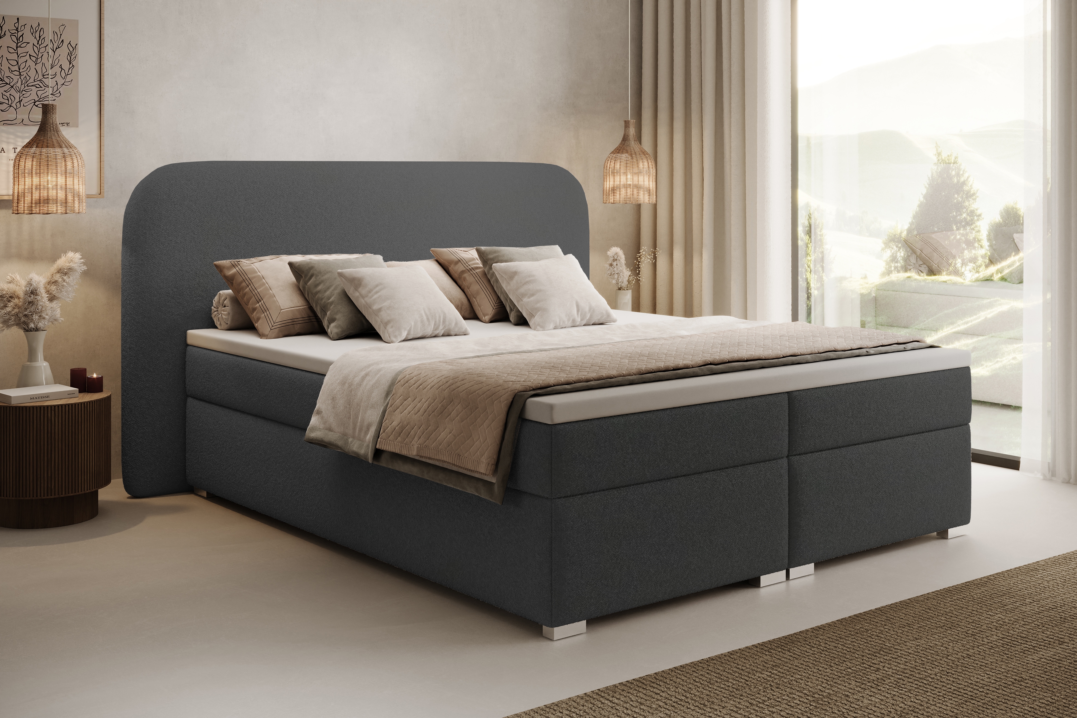 Kontinentální postel Eleris 160x200 s úložným prostorem - tmavě šedá bouclé Quelle 92 Postel boxspring Eleris 160x200 s úložním prostorem - tmavě šedá bukla Quelle 92