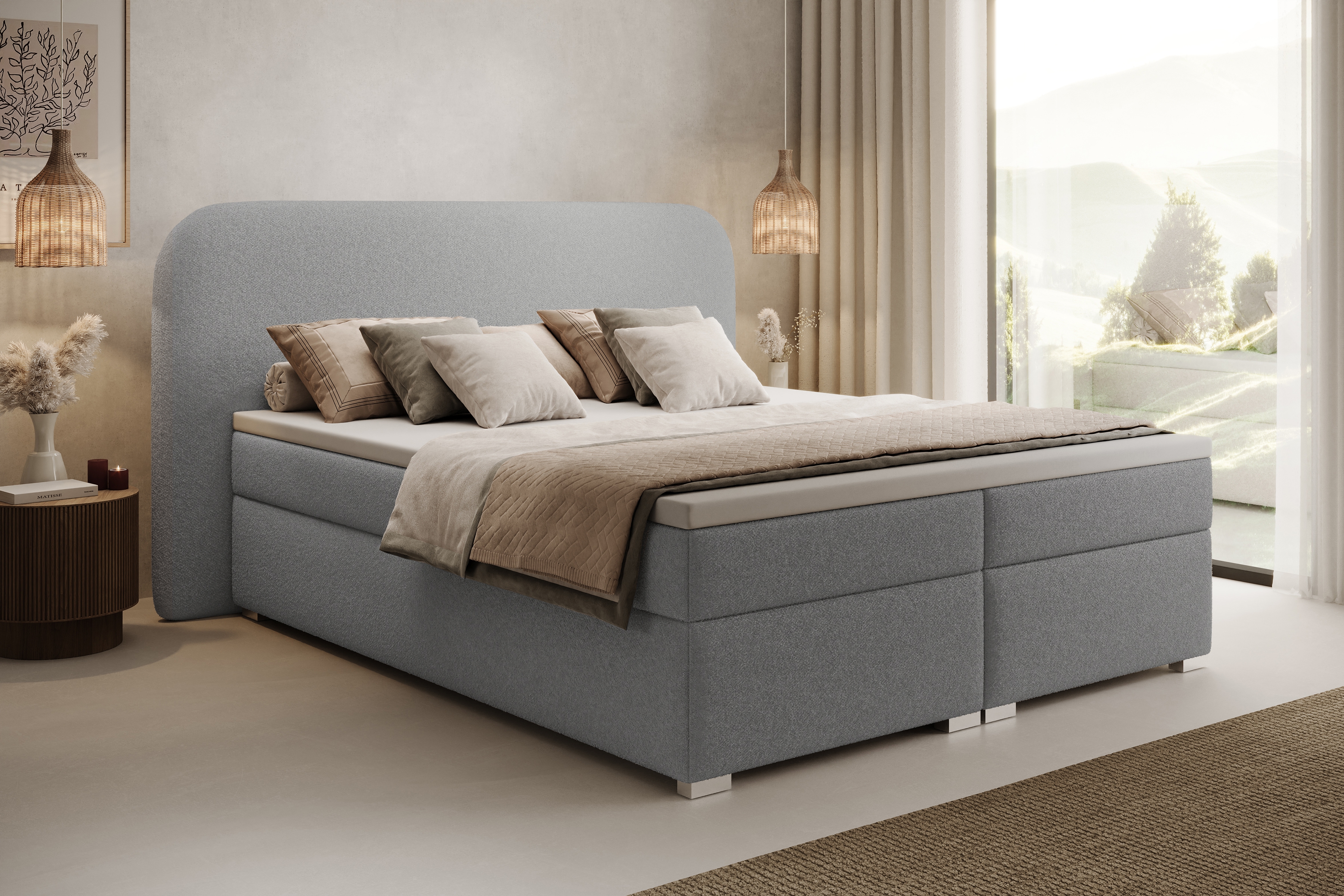 Kontinentální postel Eleris 160x200 s úložným prostorem - šedá bouclé Quelle 83 Postel boxspring Eleris 160x200 s úložním prostorem - šedá bukla Quelle 83